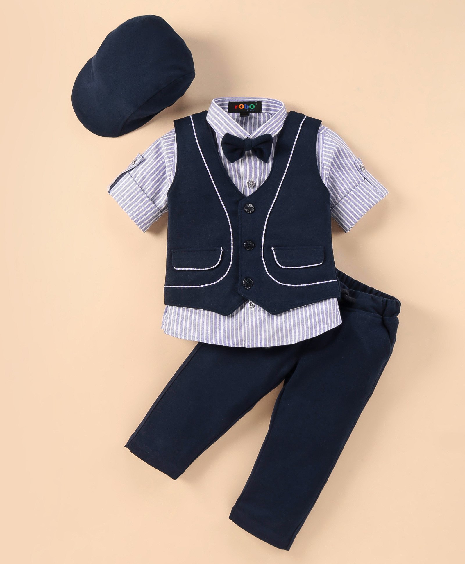 Robo Fry Cotton Lycra Full Sleeves Three Piece Party Suit With Hat - Navy Blue-picture-18