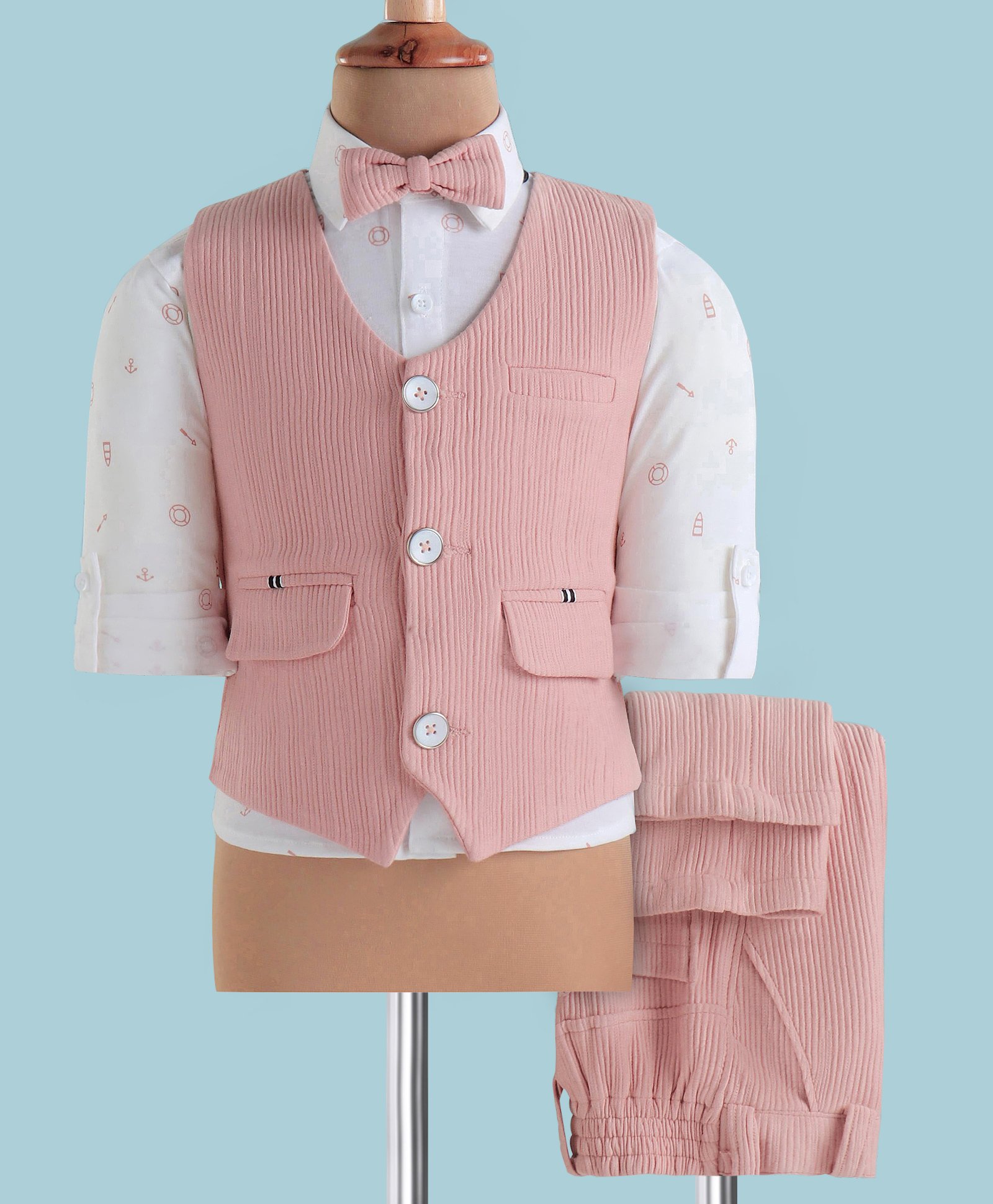 Robo Fry Knitted Full Sleeves Solid Colour 3 Piece Party Suit with Bow & Nautical Theme Print - Pink-picture-11