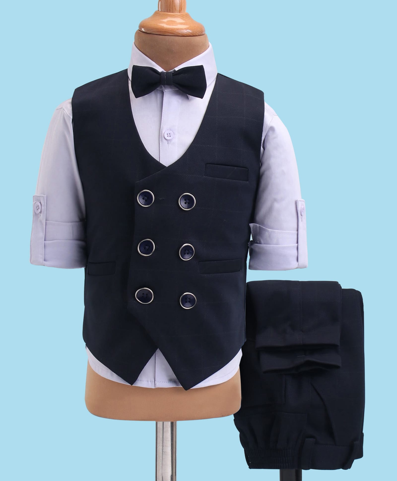 Robo Fry Lycra Knit Full Sleeves Solid Colour 3 Piece Party Suit With Bow - Black-picture-21
