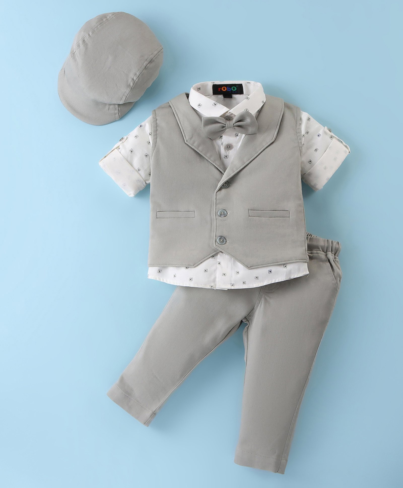 Robo Fry Lyra Knit Full Sleeves Printed 3 Piece Party Suit with Hat & Bow- Grey & White-image-49
