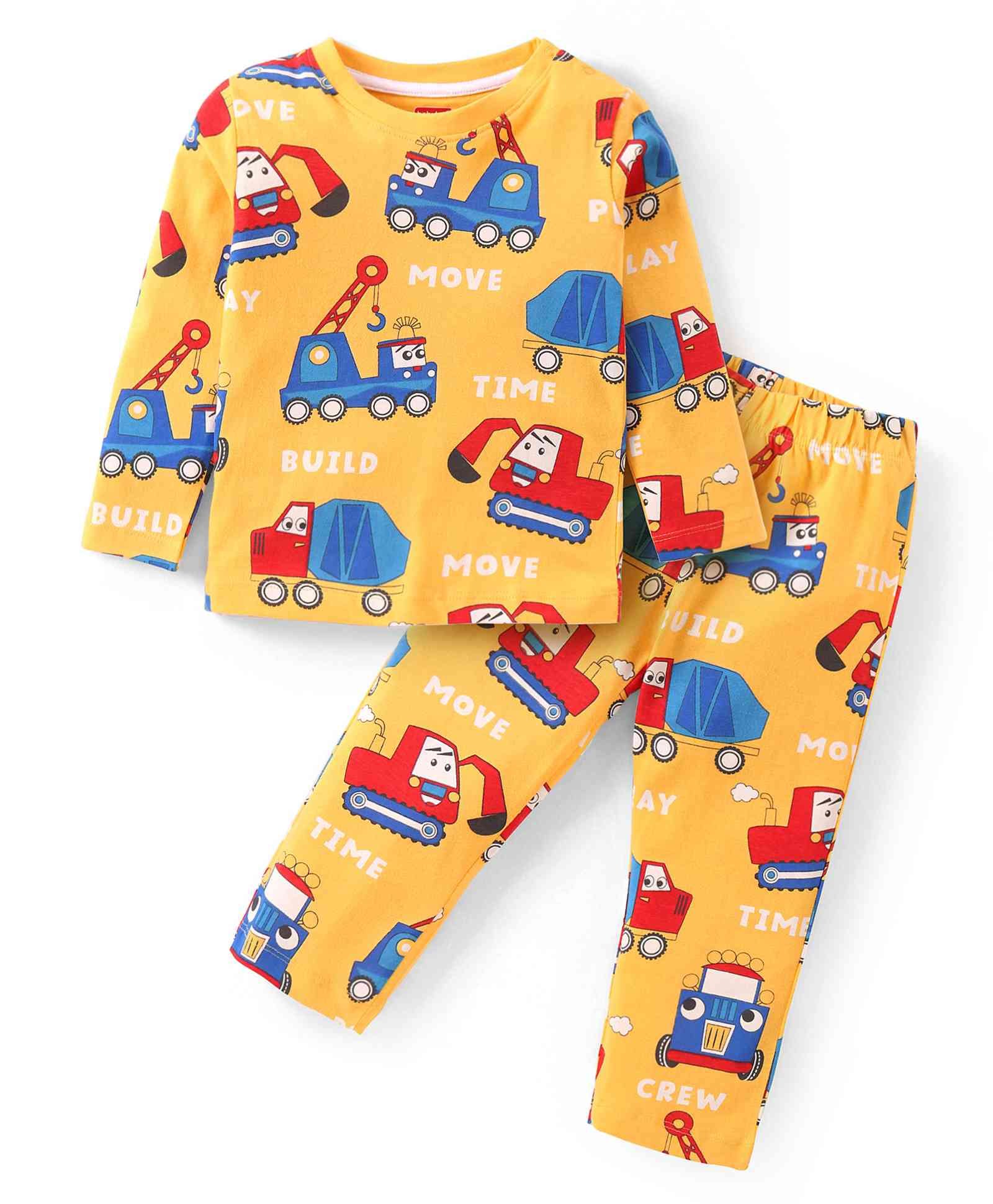 Babyhug Cotton Knit Full Sleeves Night Suit With Vehicles Print - Mustard-image-34