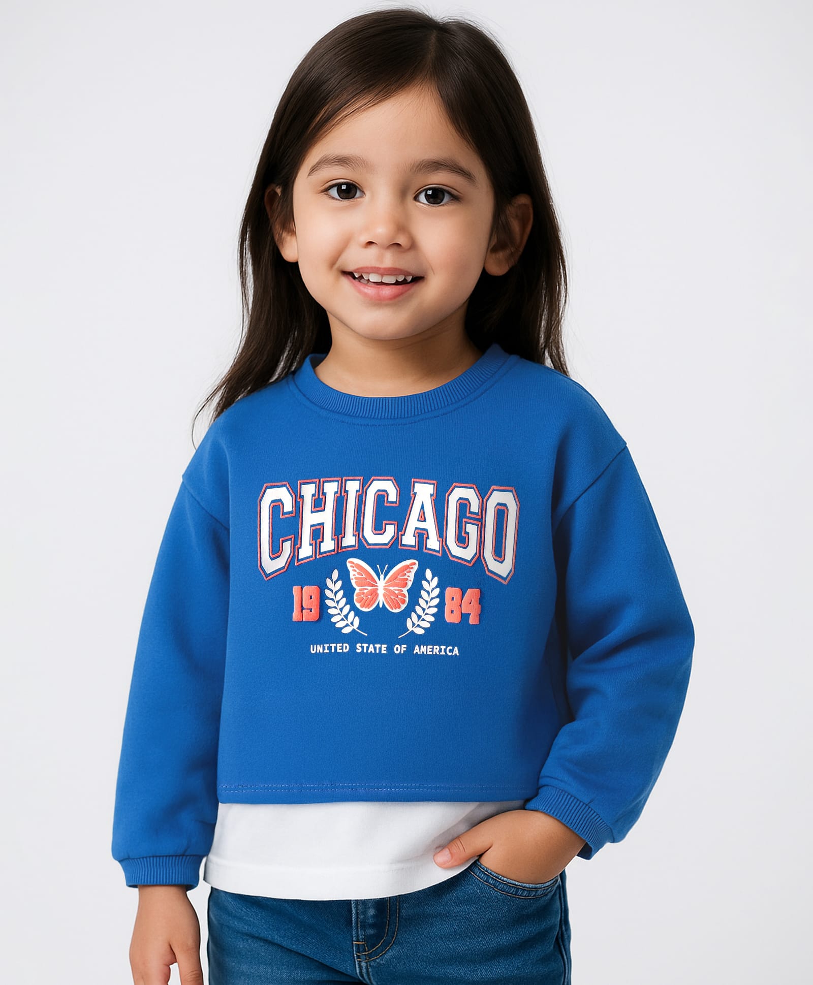 Babyhug Cotton Knit Full Sleeves Crop Sweatshirt with Inner Top Chicago Print - Blue-image-1