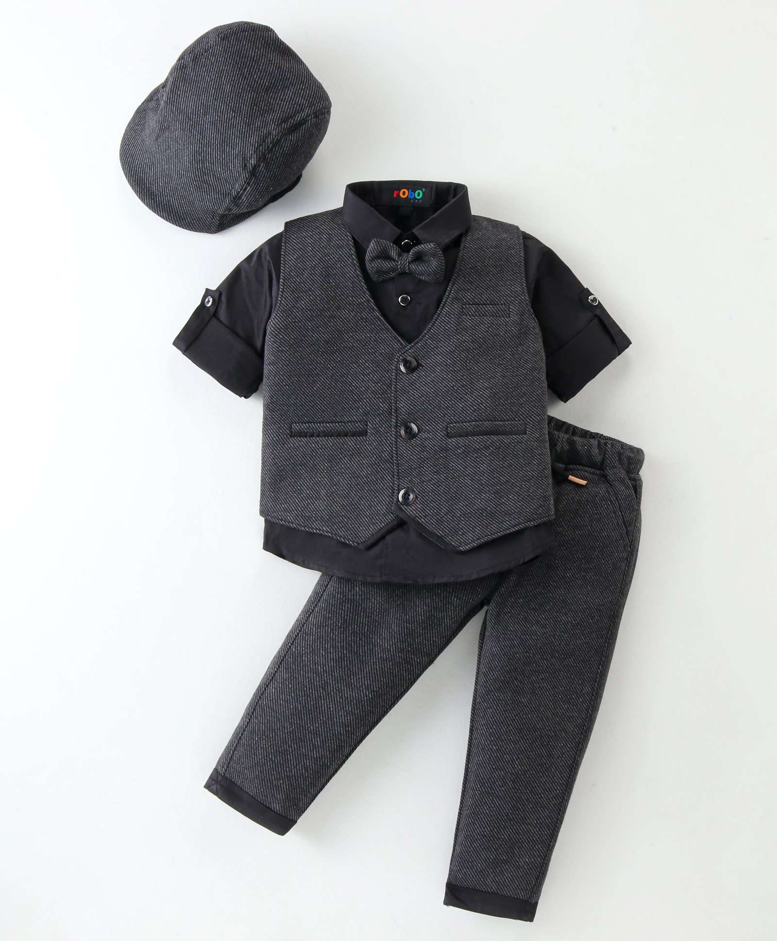 Robo Fry Lycra Knit Full Sleeves Solid Colour 3 Piece Party Suit with Bow & Hat - Grey & Black-picture-20