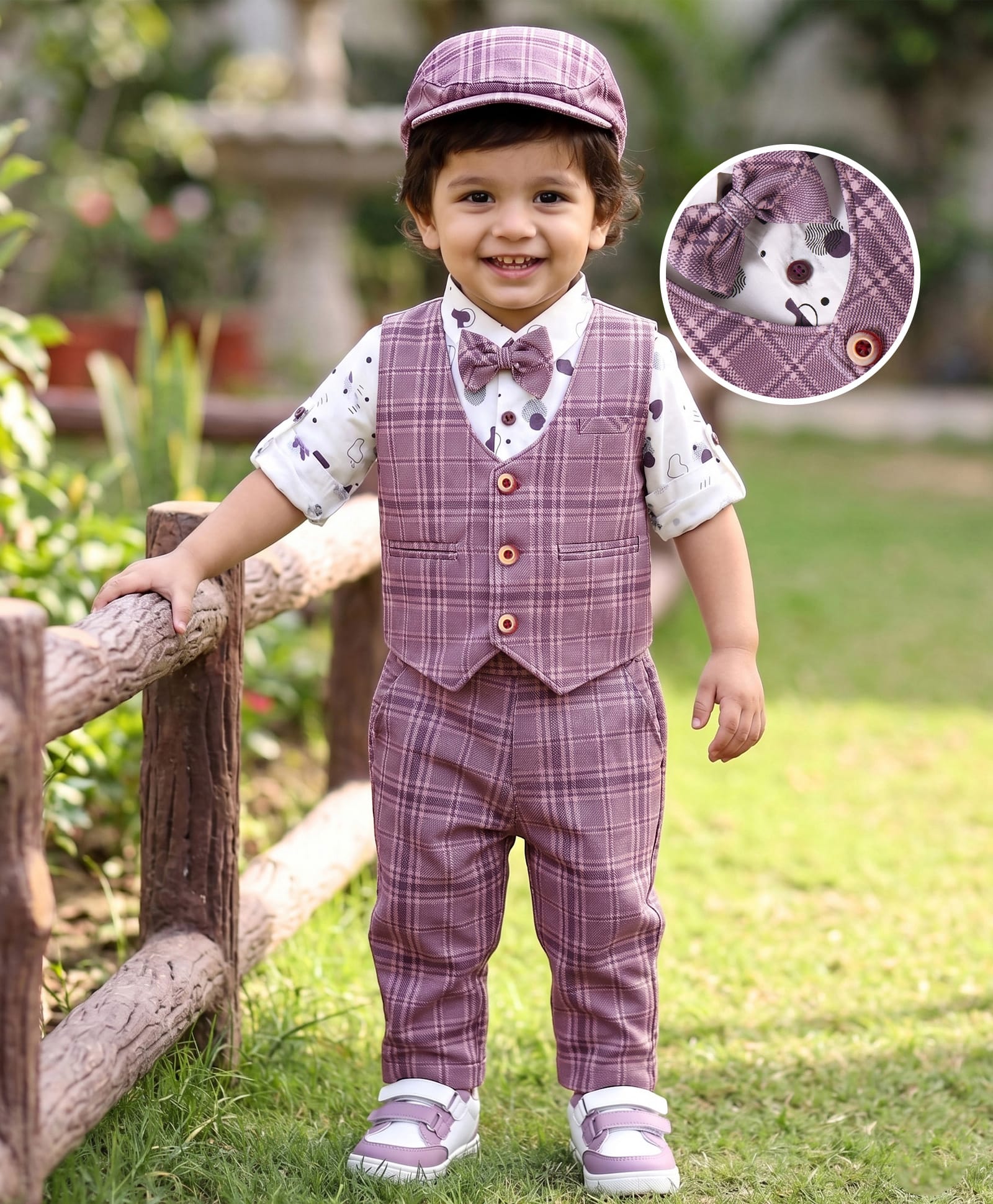 Robo Fry Lycra Knit Full Sleeves Printed 3 Piece Party Suit With Bow & Hat - Lilac-picture-24