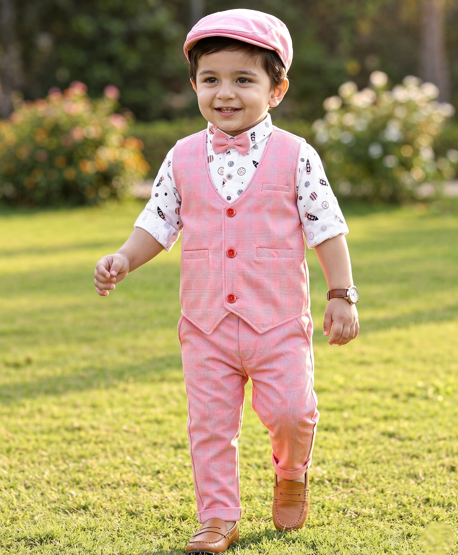 Robo Fry Knit Full Sleeves Space Theme Printed 3 Piece Party Suit With Bow Suspender & Hat - Pink-image-46