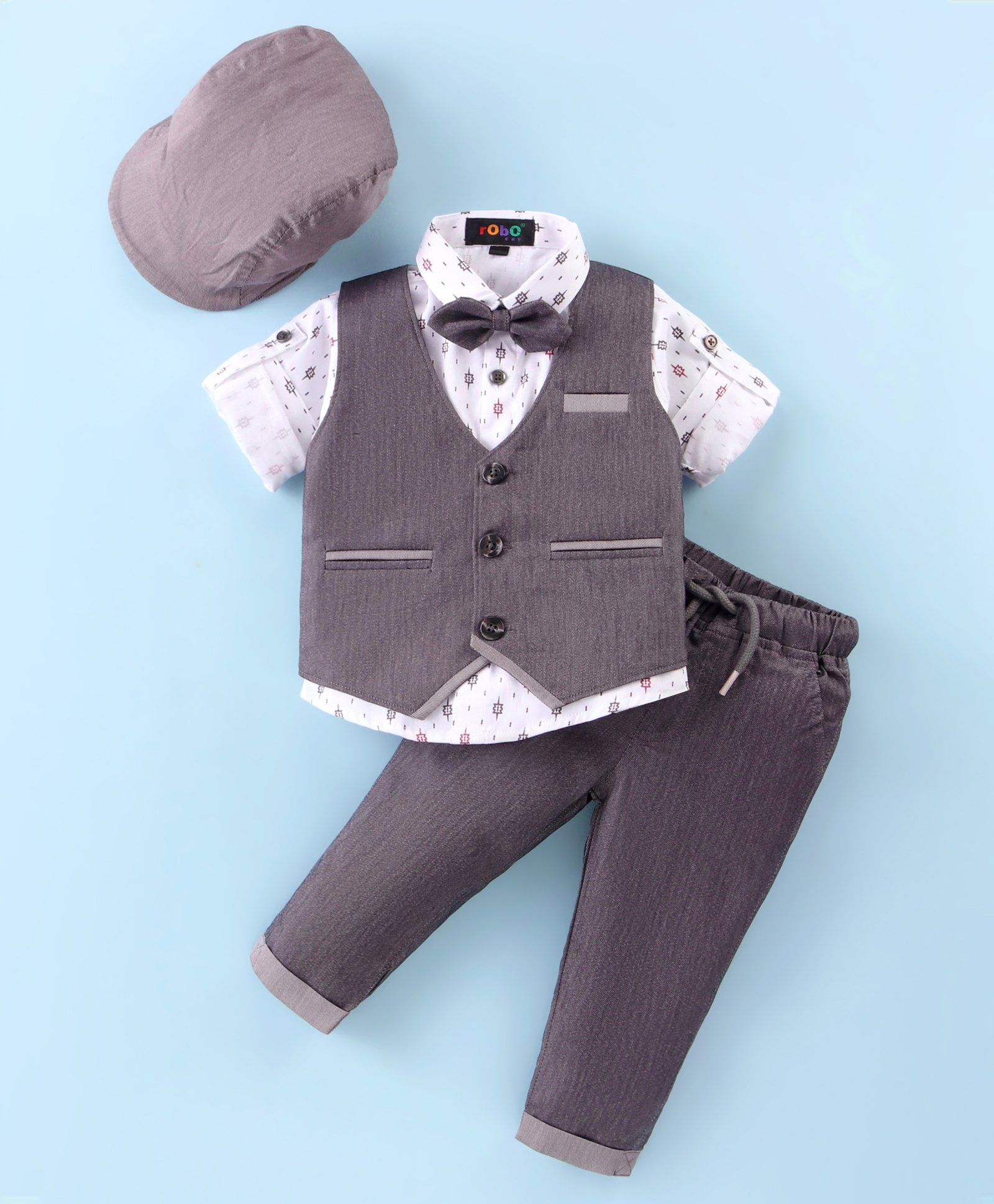 Robo Fry Lycra Knit Full Sleeves Solid Colour 3 Piece Party Suit with Bow & Hat - Charcoal Grey-picture-24