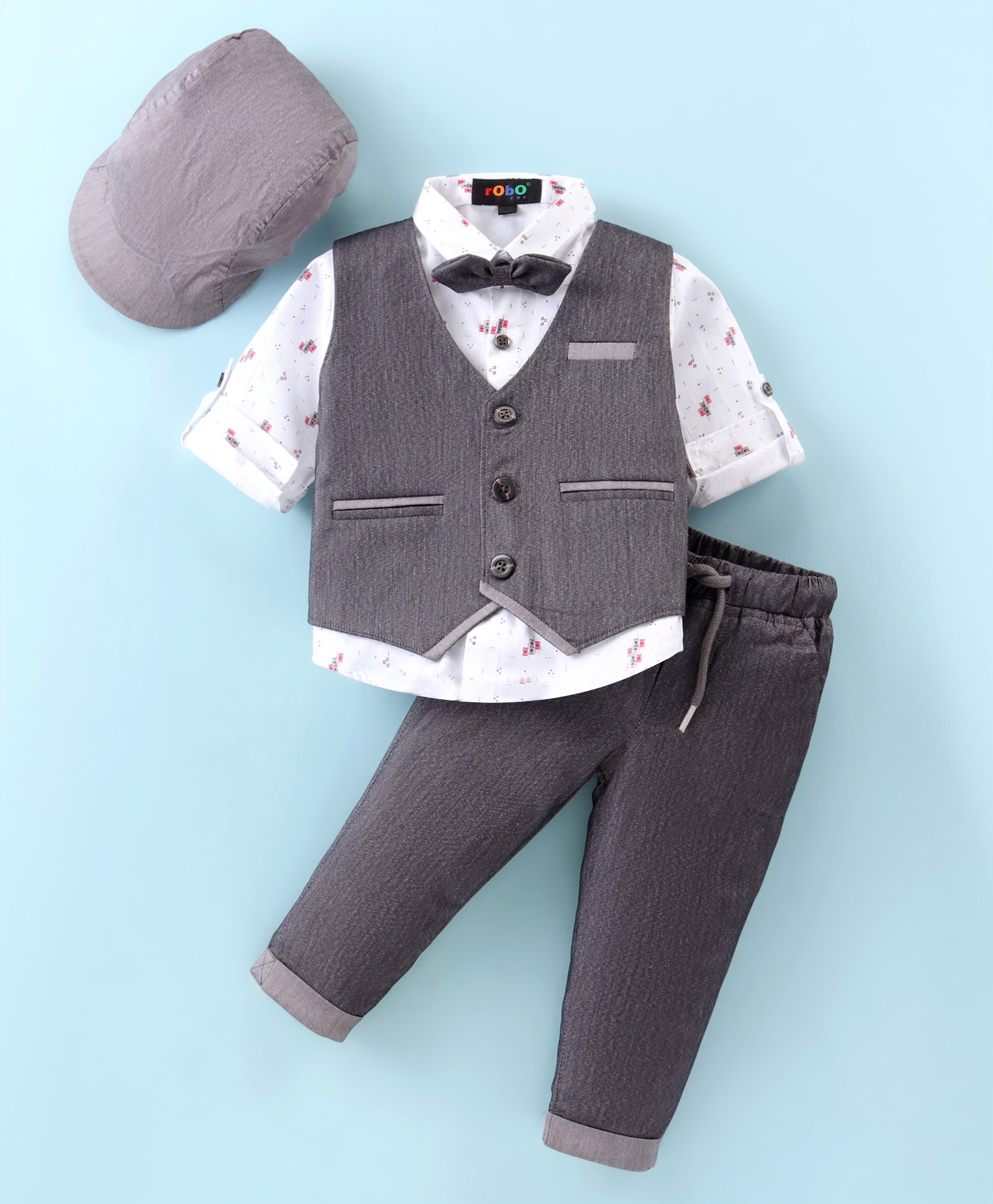 Robo Fry Lycra Knit Full Sleeves Solid Colour 3 Piece Party Suit with Bow & Hat - Charcoal Grey-picture-18
