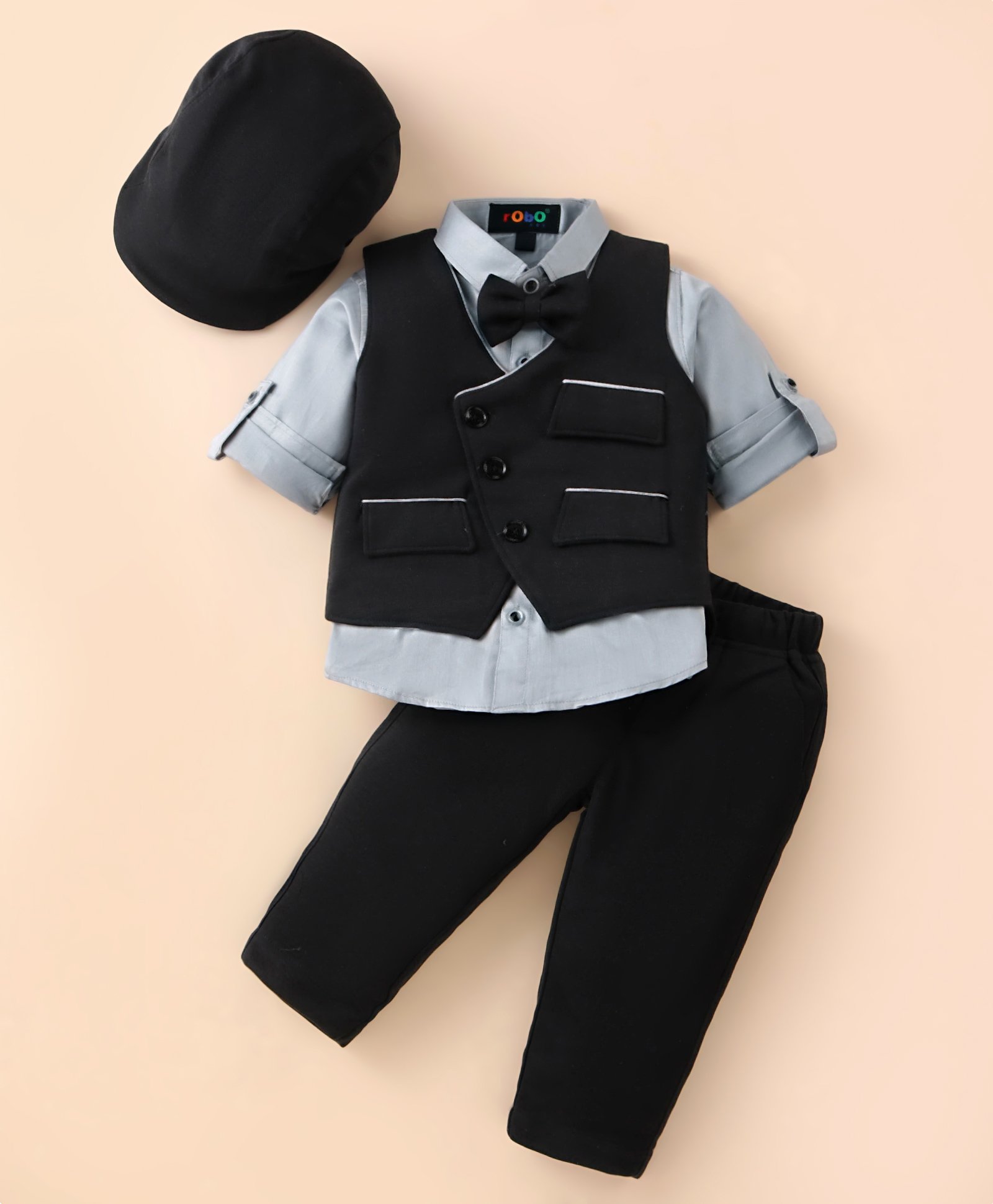 Robo Fry Knit Full Sleeves Solid Colour 3 Piece Party Suit with Bow & Hat - Black-image-44