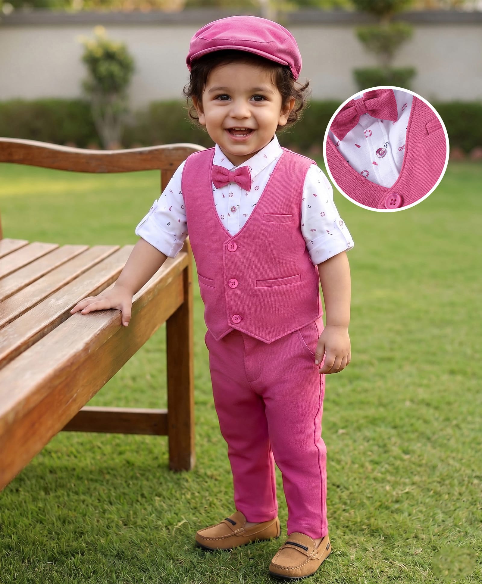 Robo Fry Lycra KnitFull Sleeves Nautical ThemePrinted 3 Piece Party Suit with Hat & Bow - Dark Pink-picture-19