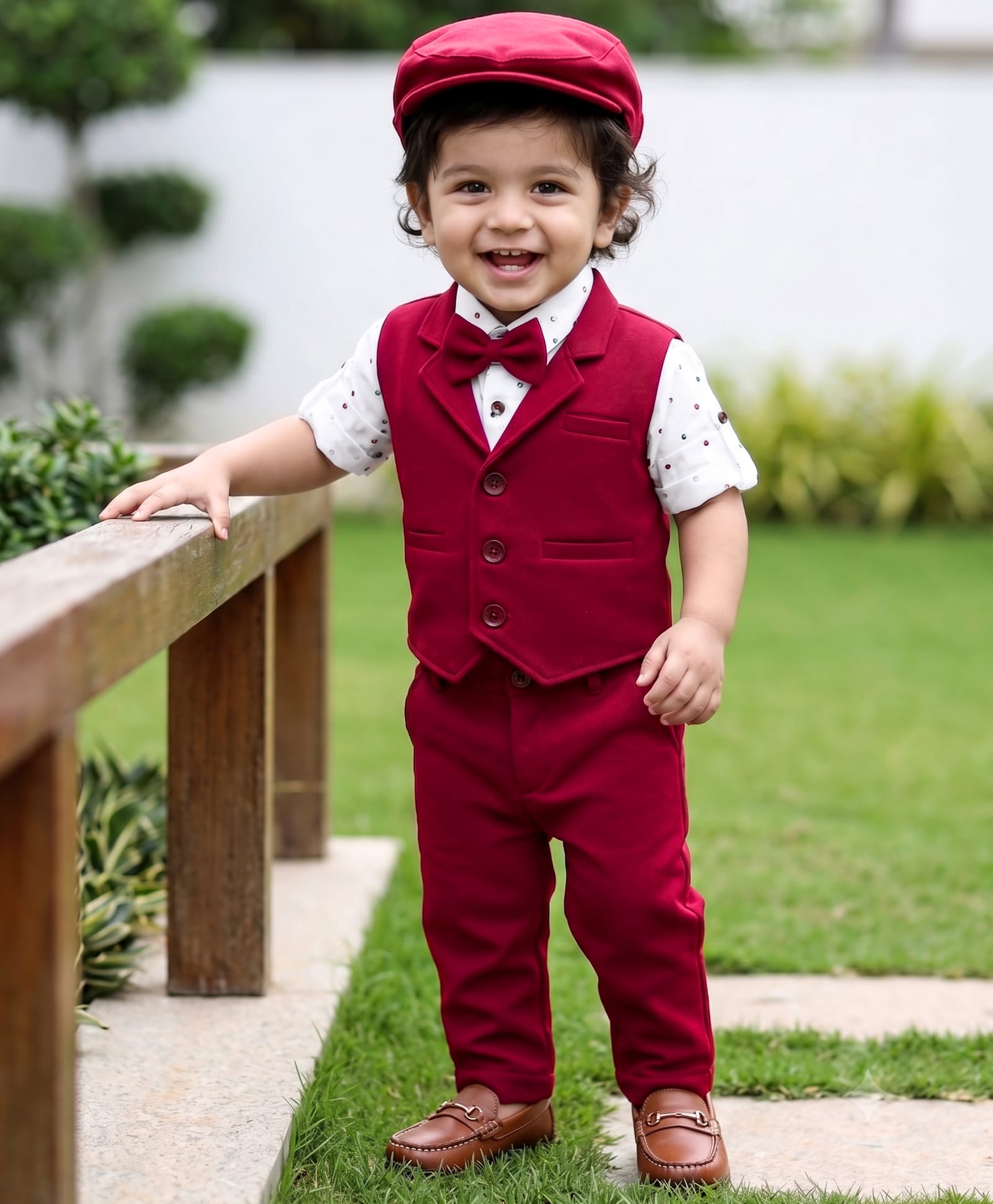 Robo Fry Lycra Knit Full Sleeves Printed 3 Piece Party Suit with Bow & Hat - Maroon-picture-30