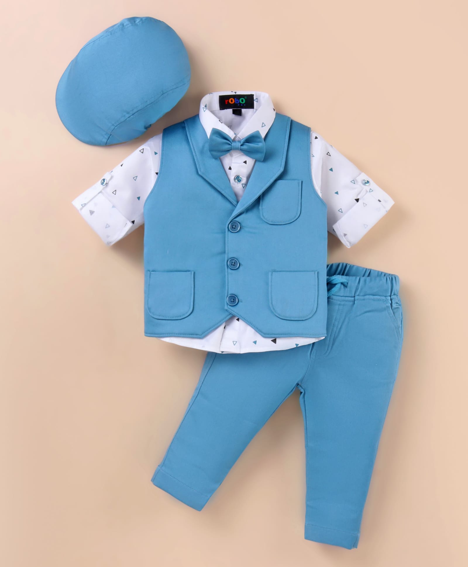 Robo Fry Lycra Knit Full Sleeves Printed 3 Piece Party Suit With Bow & Hat - Light Blue-image-42