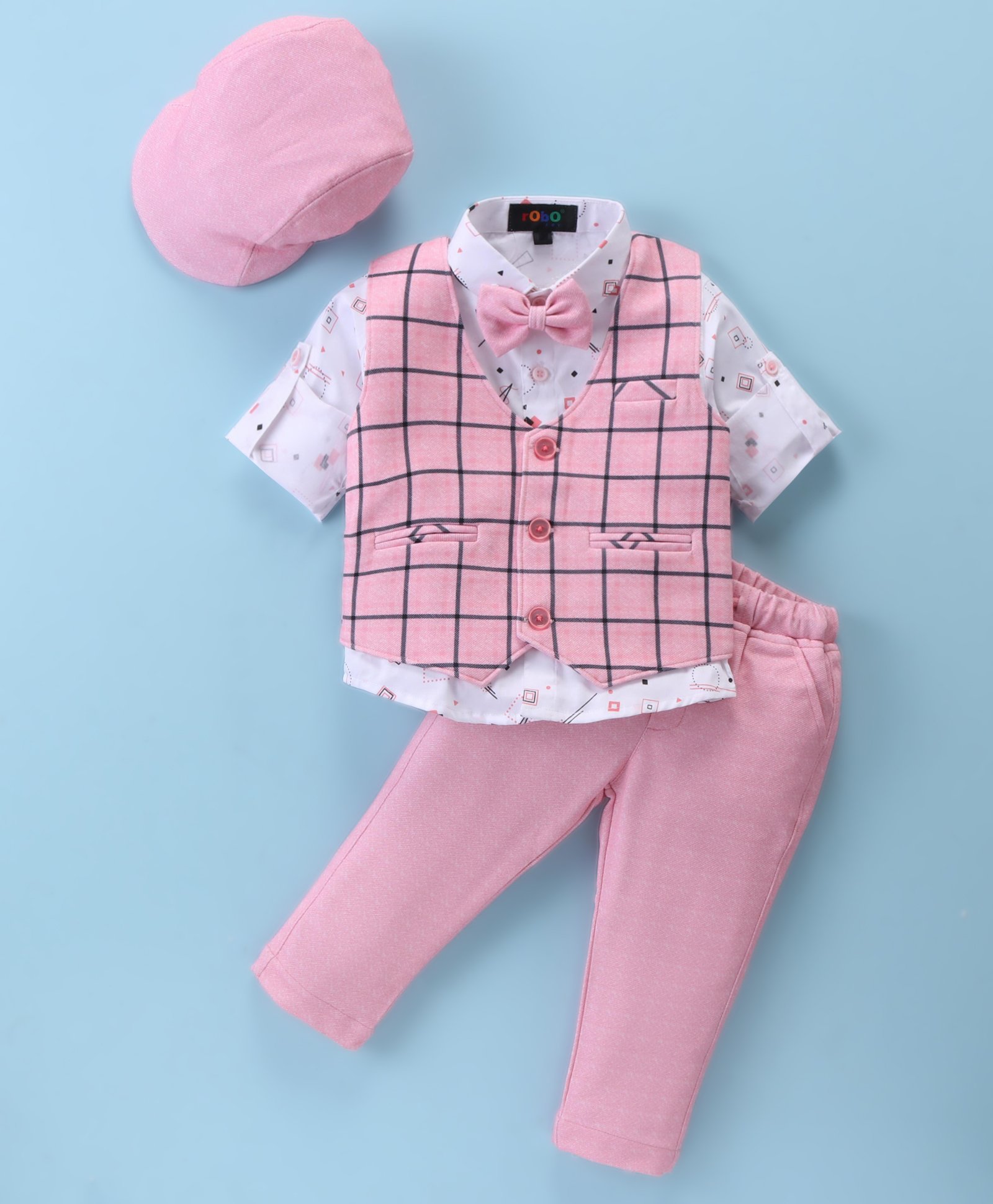 Robo Fry Lycra Knit Full Sleeves Printed & Checkered 3 Piece Party Suit with Hat& Bow - Pink-picture-10