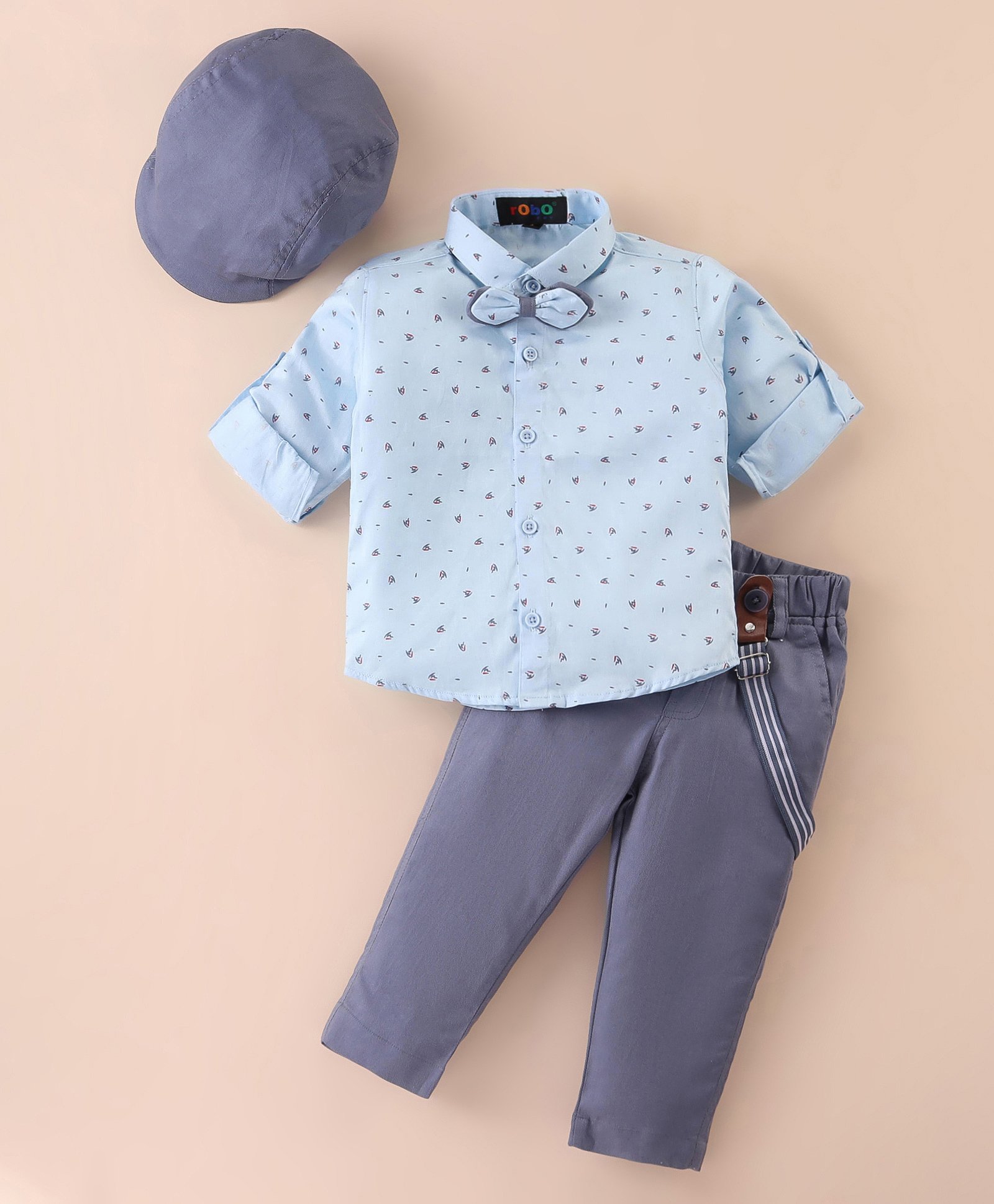 Robo Fry Cotton Knit Full Sleeves Printed Shirt & Trouser Set with Bow Hat & Suspender - Light Blue-picture-24