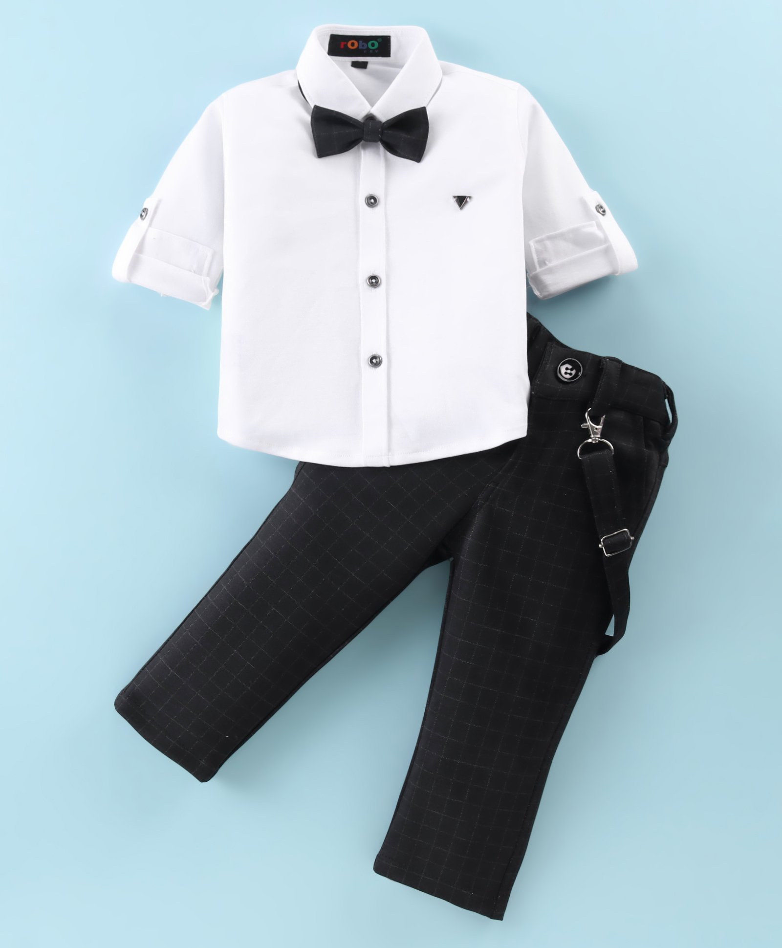Robo Fry Cotton Woven Full Sleeves Solid Color Shirt & Trousers With Suspender & Bow - White & Black-picture-8