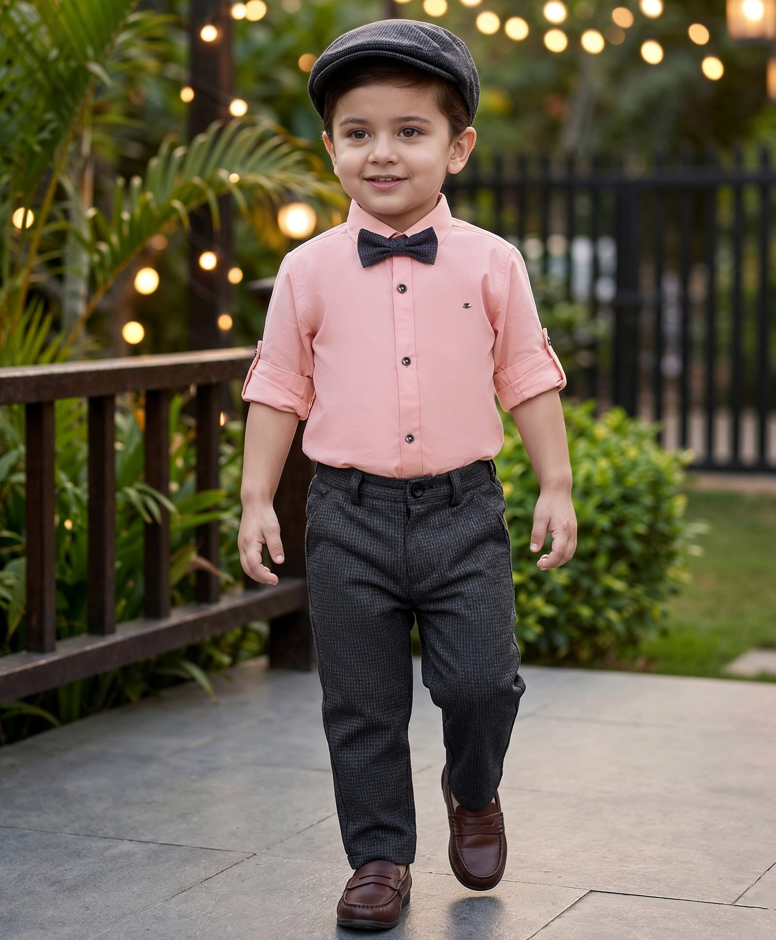 Robo Fry Cotton Woven Full Sleeves Solid Colour Party Shirt & Trouser Set with Bow Hat & Suspender - Pink & Grey-picture-23