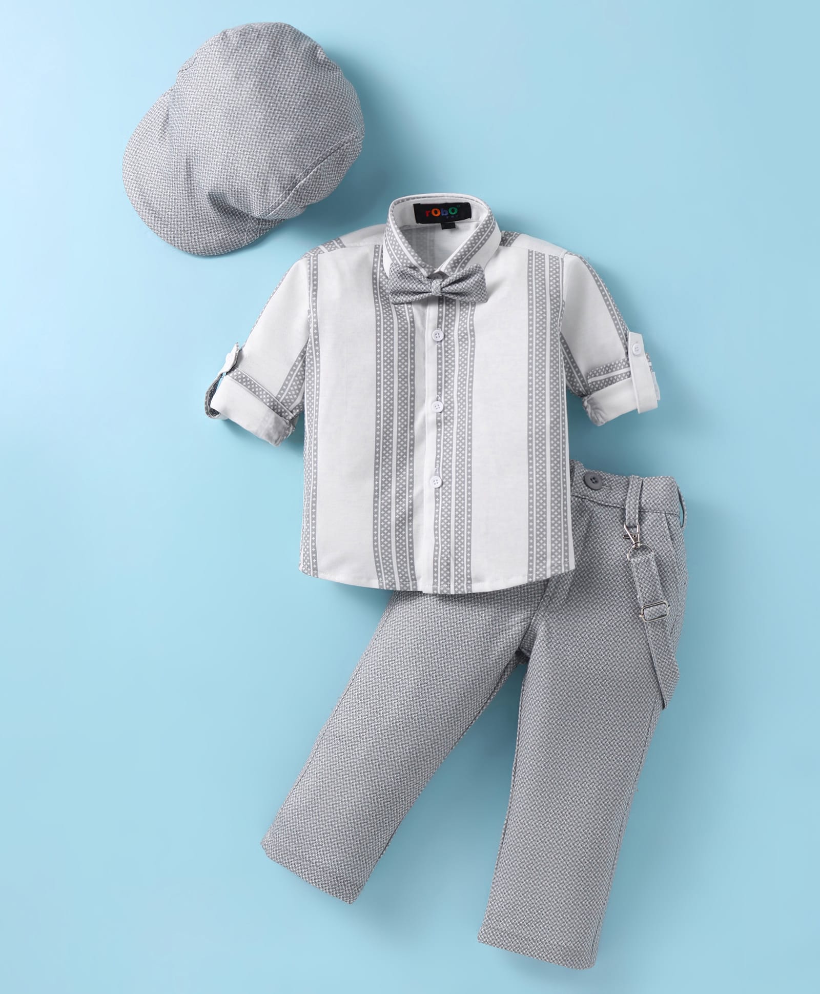 Robo Fry Cotton Woven Full Sleeves Striped Party Shirt & Trouser With Bow Suspender & Hat - Grey-picture-21