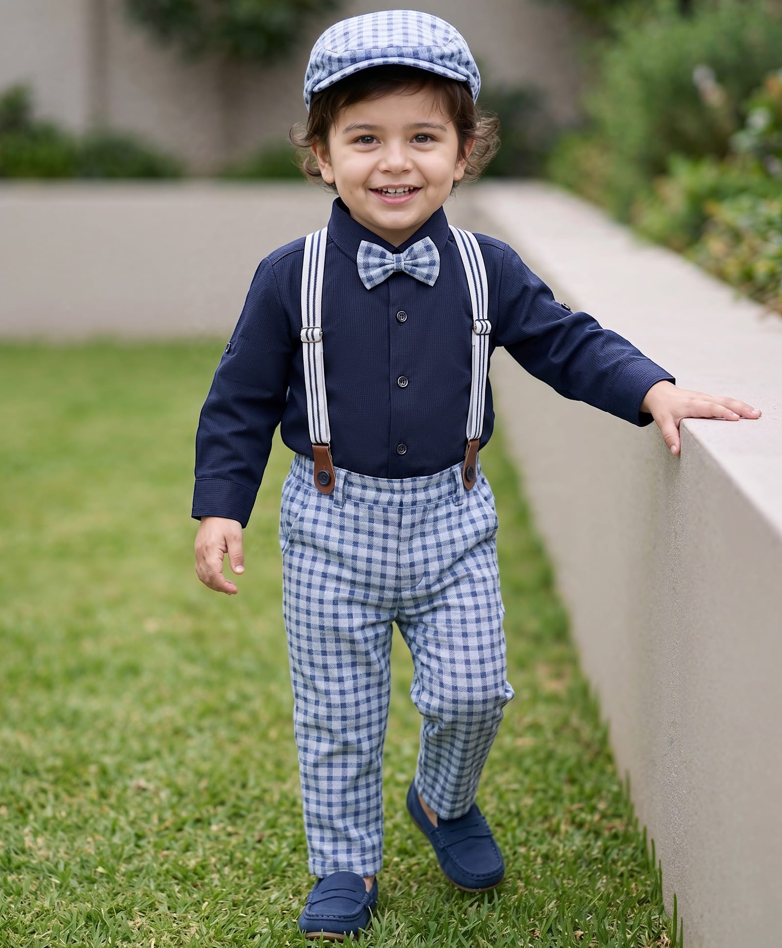 Robo Fry Cotton Woven Full Sleeves Checkered Shirt & Trouser With Bow Hat & Suspender - Navy Blue-picture-42