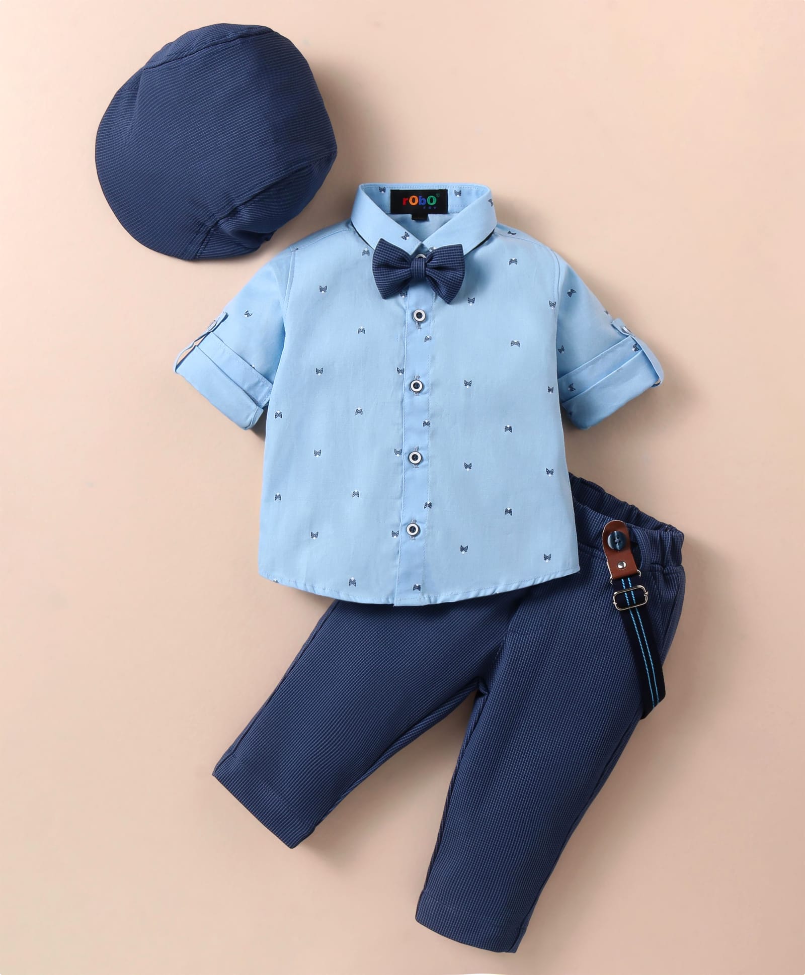 Robo Fry Cotton Woven Full Sleeves Printed Shirt & Trouser With Hat Bow & Suspender - Light Blue-picture-34