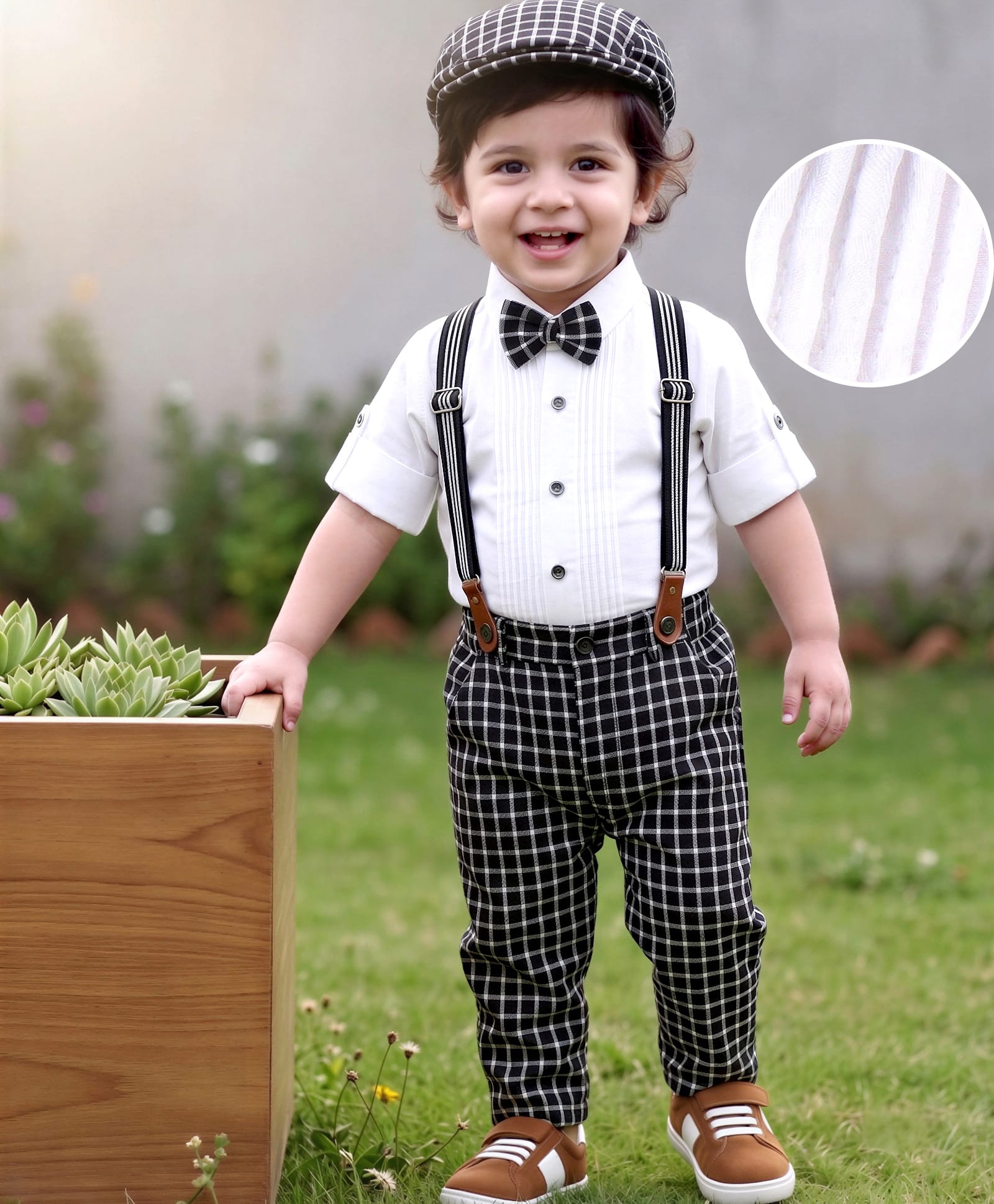 Robo Fry Cotton Woven Full Sleeves Solid Shirt & Checkered Trouser Set with Hat Bow & Suspender - White-image-17
