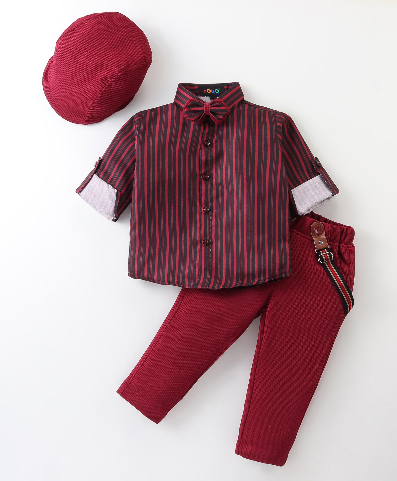 Robo Fry Cotton Knit Full Sleeves Striped Shirt & Trouser Set with Hat Bow & Suspender - Maroon-image-40