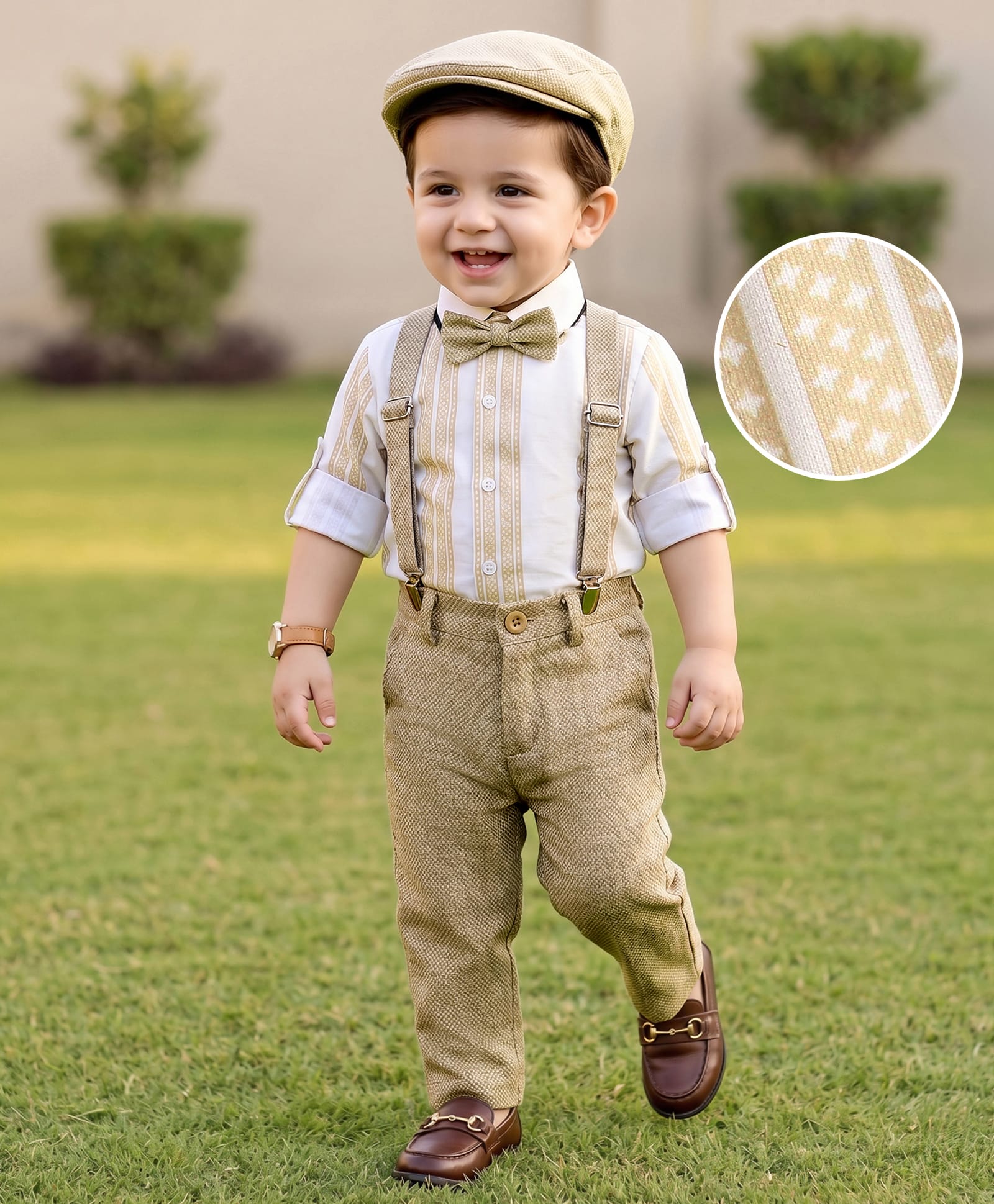 Robo Fry Cotton Knit Full Sleeves Striped Shirt Trouser Set with Cap & Suspender - Olive Green-picture-34