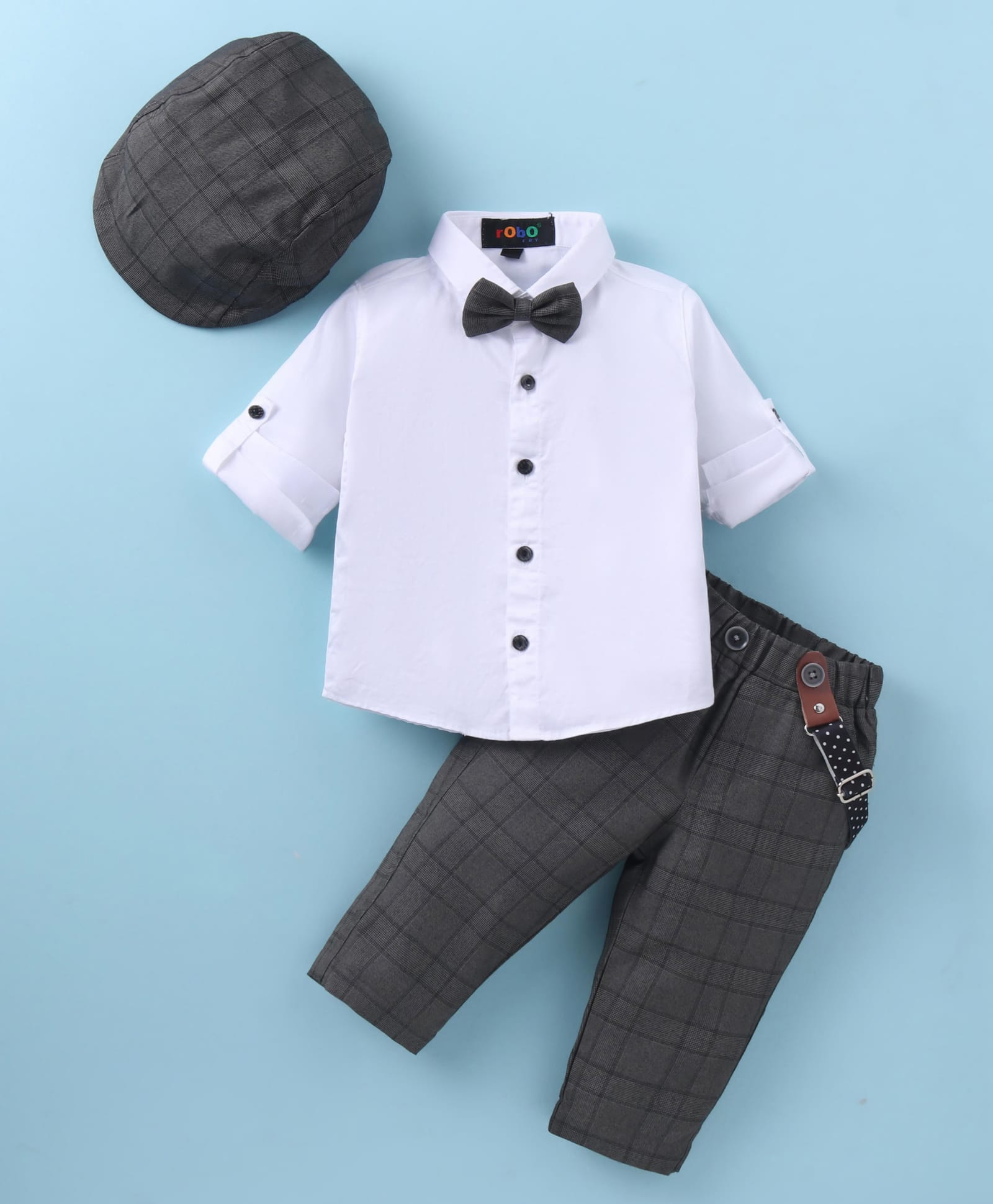 Robo Fry Cotton Woven Full Sleeves Solid Colour Party Shirt & Trouser With Bow Hat & Suspender - White-picture-25