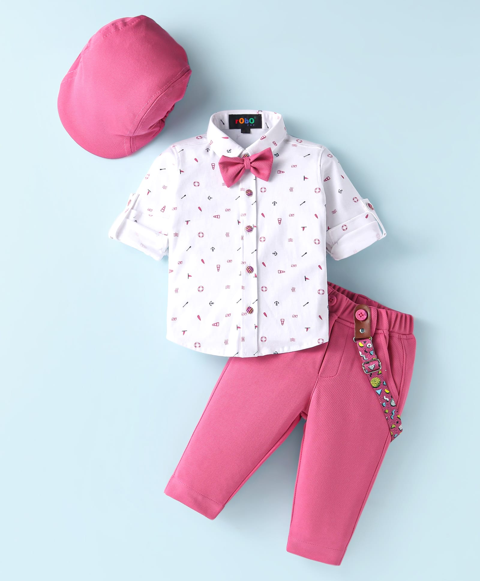 Robo Fry Cotton Woven Full SleevesNautical Theme Printed Shirt & Trouser Set with Bow Hat & Suspender -White-picture-10