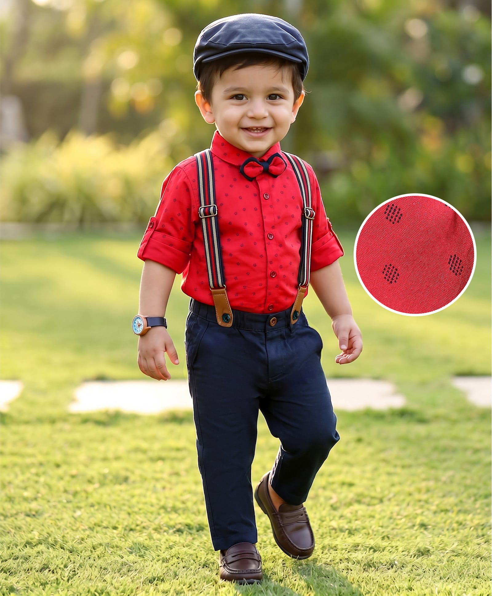 Robo Fry Cotton Woven Full Sleeves Party Shirt & Trouser Set with Bow Hat & Suspender & Polka Dot Print - Red & Blue-picture-11