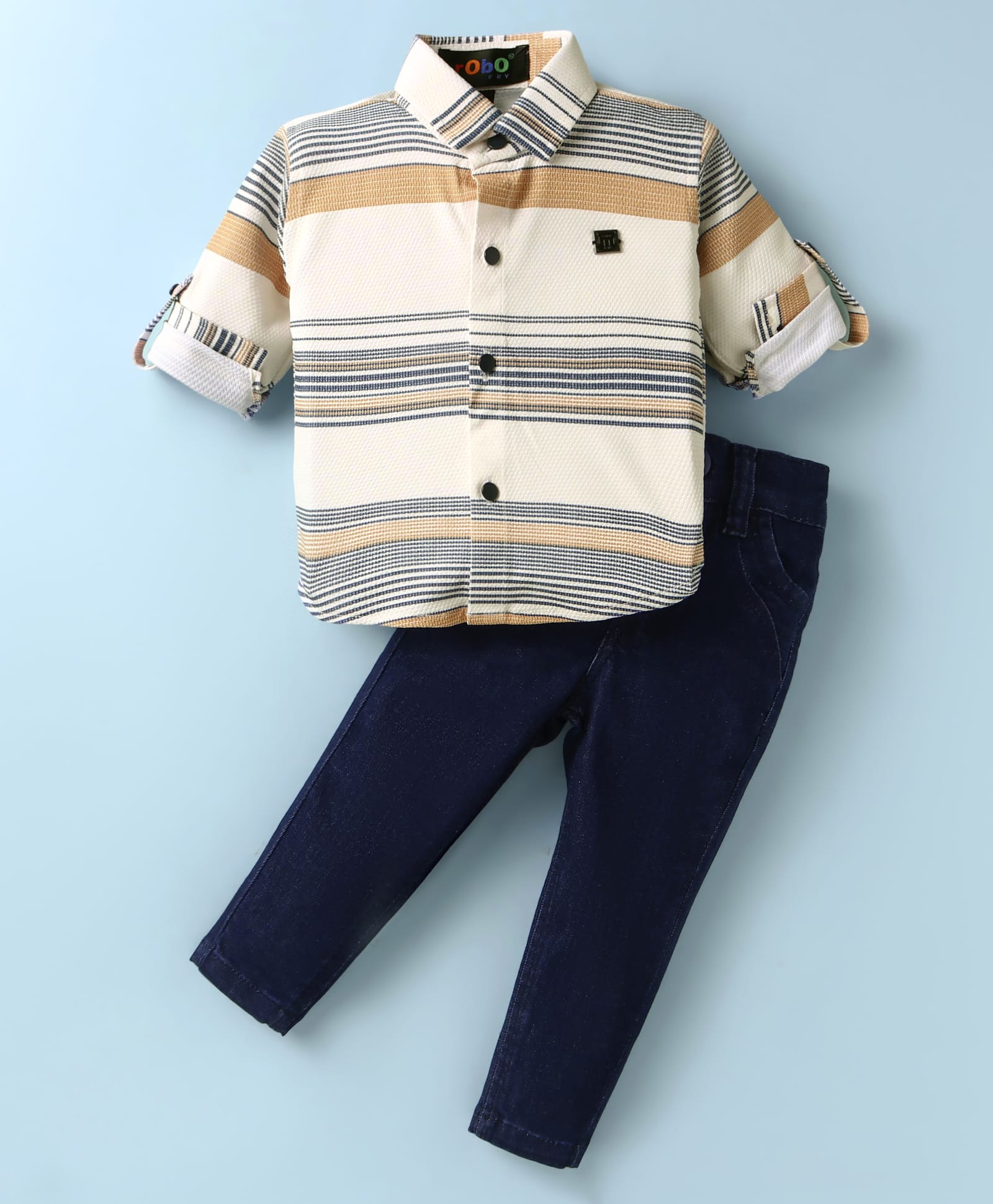 Robo Fry Cotton Woven Full Sleeves Striped Shirt & Trouser Set - Tan-picture-33