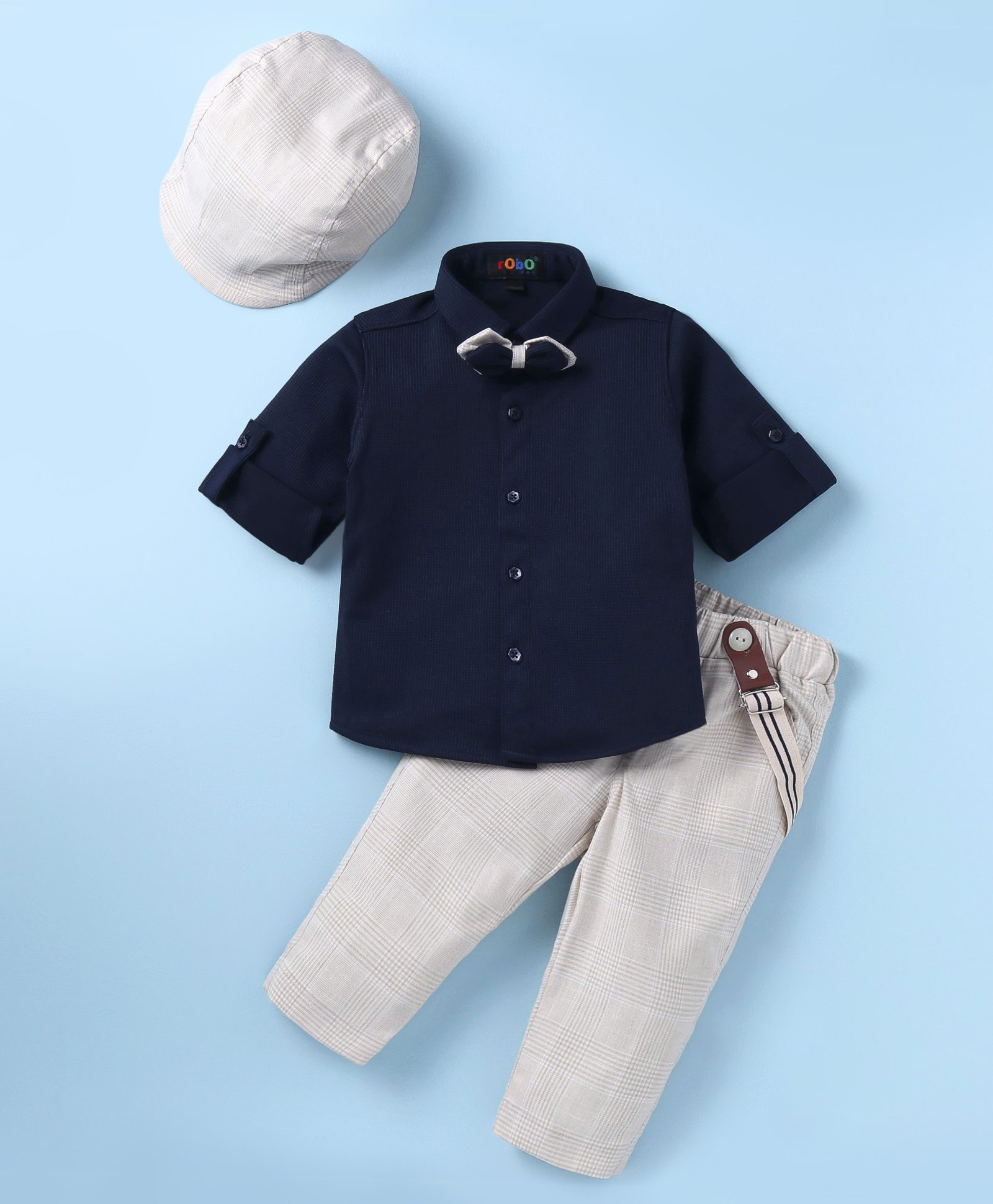 Robo Fry Cotton Woven Full Sleeves Solid Shirt & Trouser Set With Hat Bow & Suspender - Navy Blue-picture-35