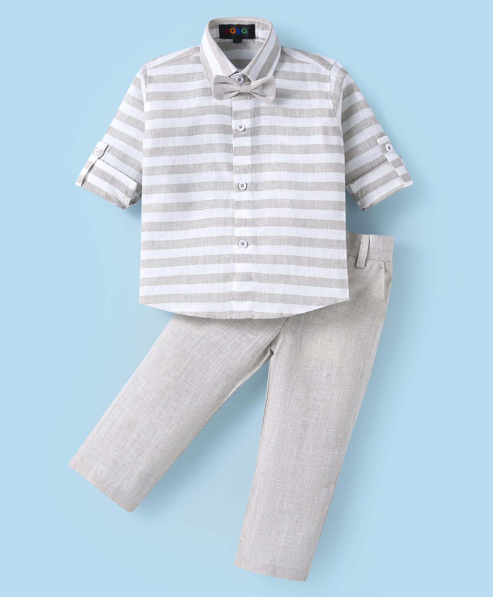 Robo Fry Linen Woven Full Sleeves Striped Shirt & Trouser with Bow - Light Grey-picture-32
