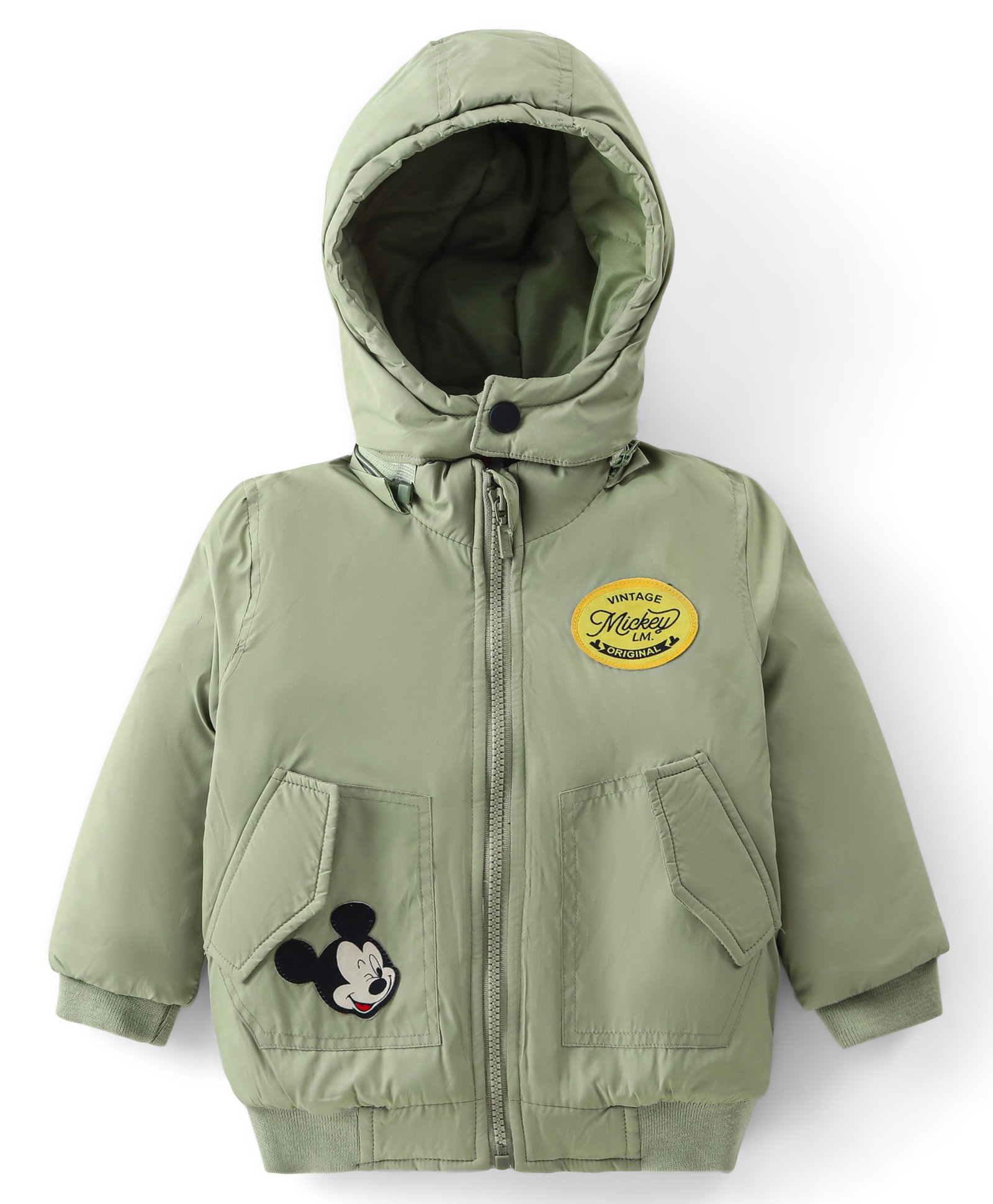 Babyhug Disney Woven Full Sleeves Padded Jacket with Detachable Hood &  Mickey Mouse Patch Detailing - Olive Green-image-18
