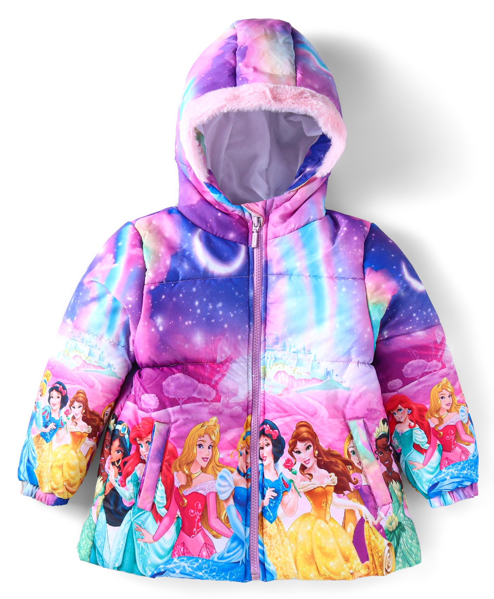 Babyhug DisneyFull Sleeve WinterHooded Jacket With Disney Princess Print & Fur Detailing - Pink & Blue-image-7