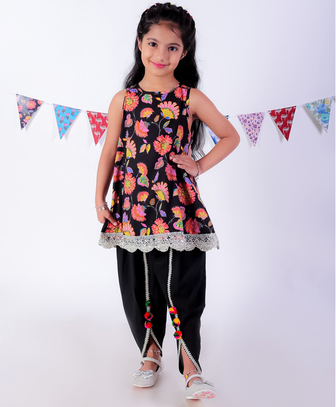 Lil Drama Cotton Sleeveless Floral Printed & Lace Embellished Kurta Dhoti Set - Black & Multi Colour-image-36