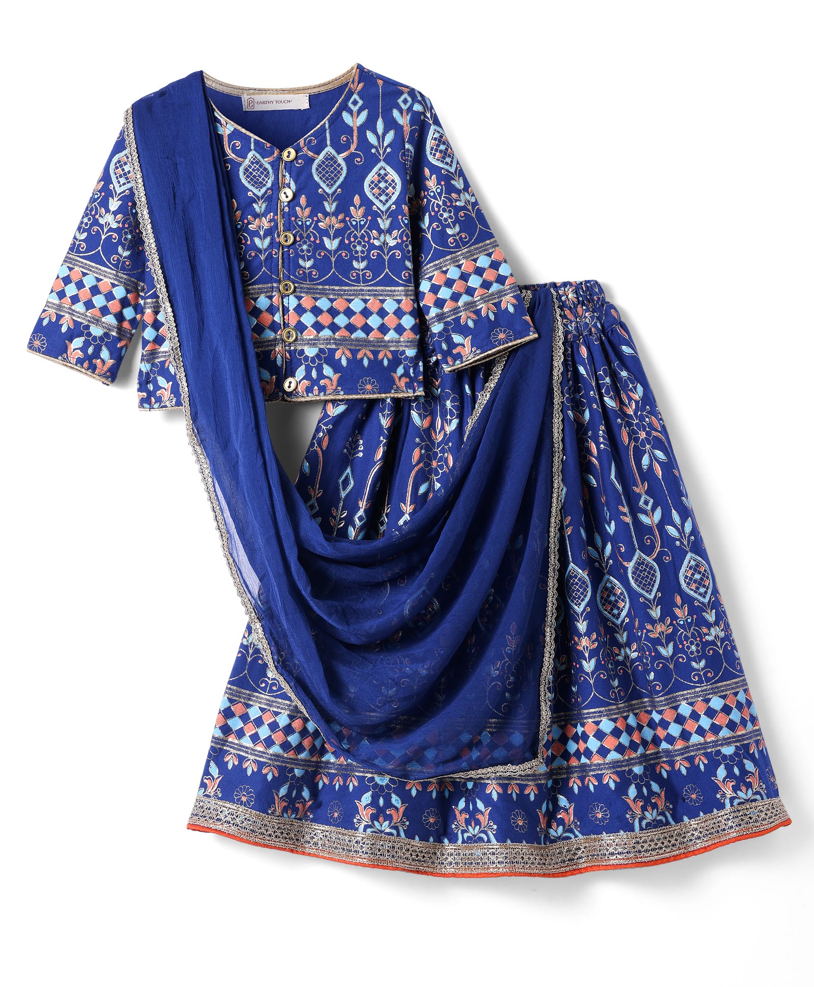 EARTHY TOUCH Single Jersey Knit Three Fourth Sleeves Lehenga Choli Set With Floral Foil Print Lace Detailing & Dupatta - Royal Blue & Gold-image-32