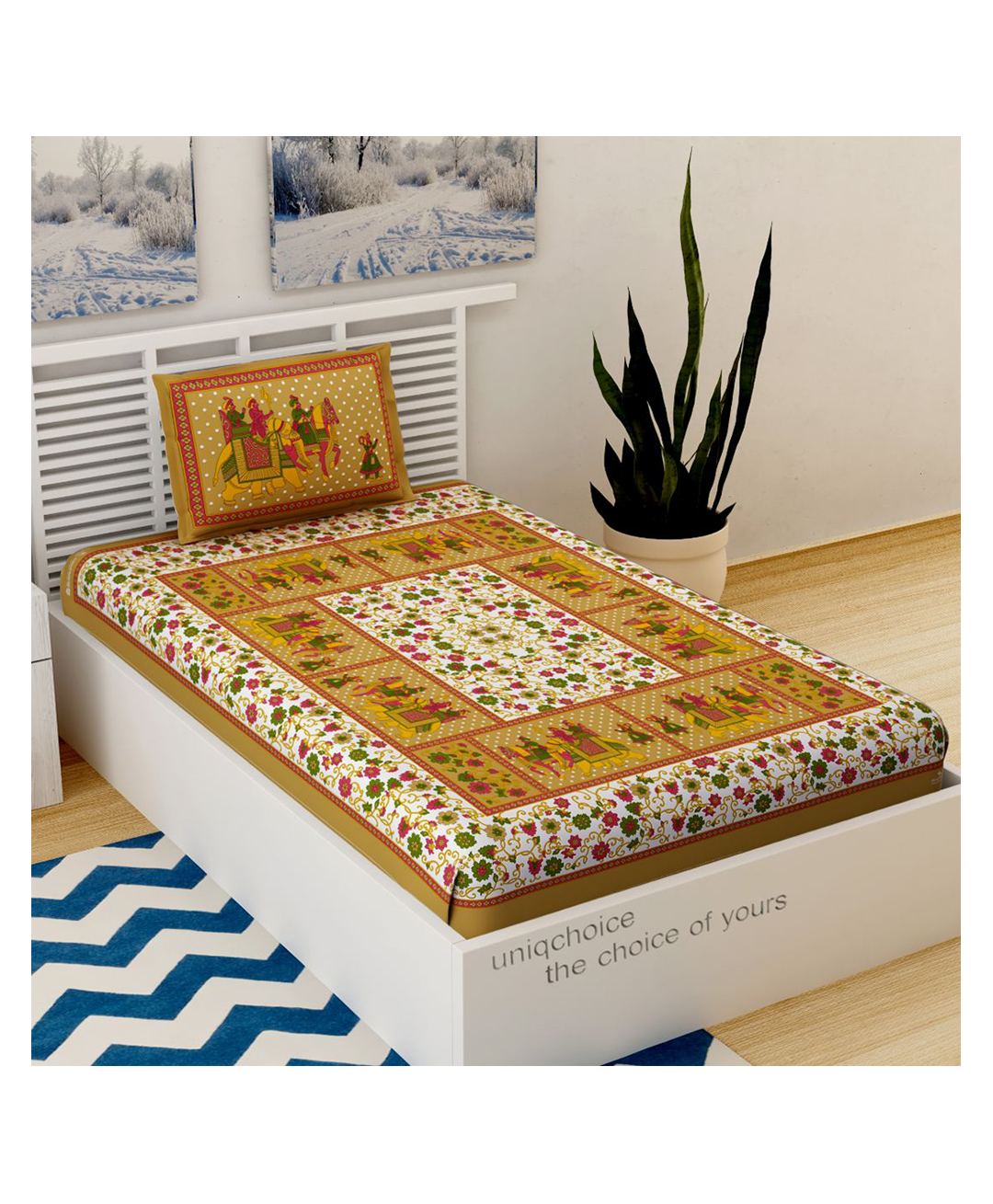 UniqChoice Pure Cotton Jaipuri Single bed sheet With 1 Pillow Cover-picture-23