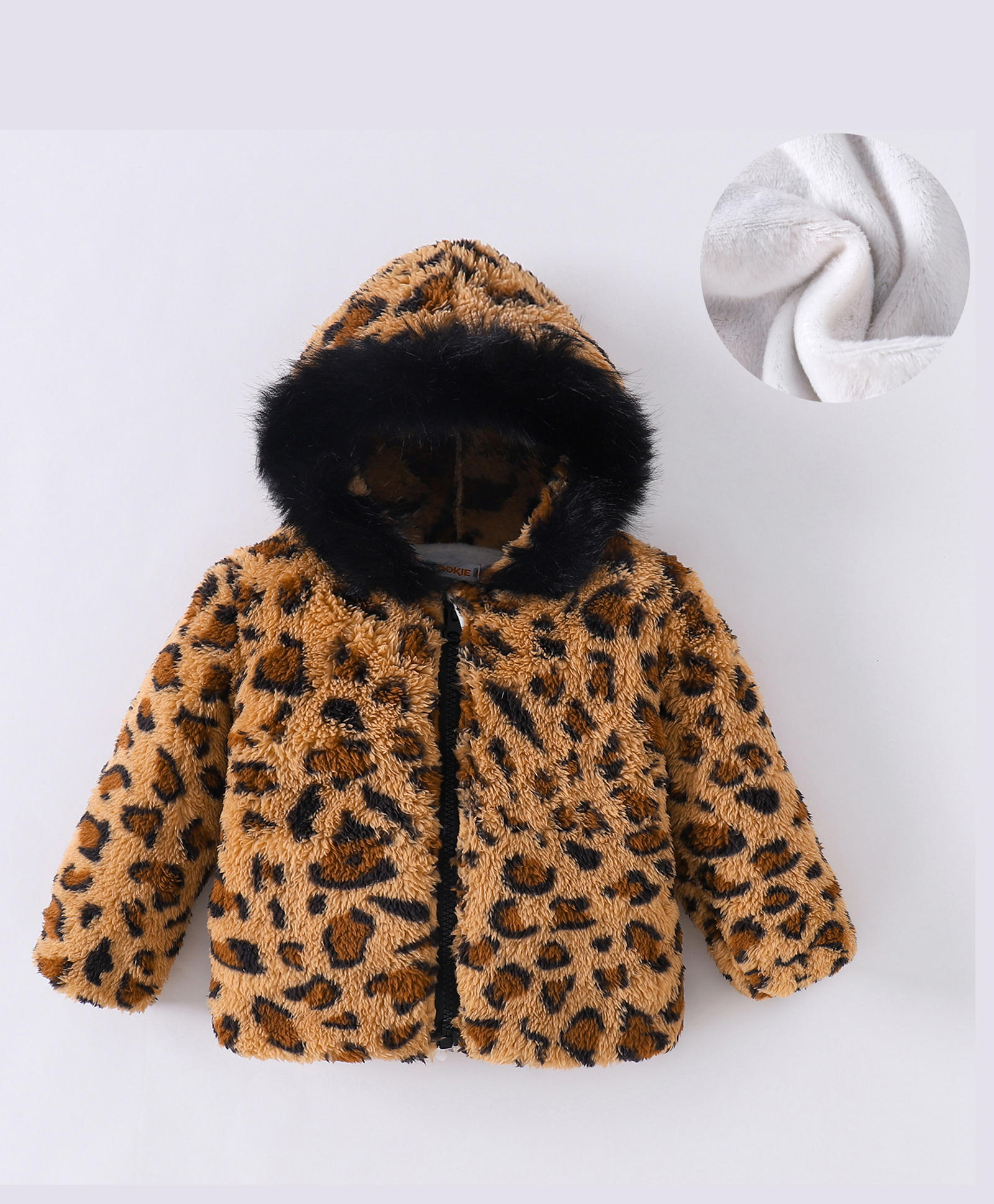 Kookie Kids Full Sleeves Hooded Fur Jacket With Cheetah Print Design - Brown-image-48