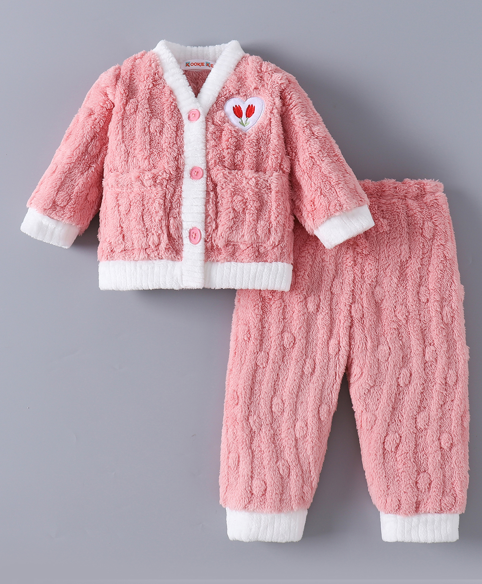 Kookie Kids Full Sleeves Front Open Winter Wear Night Suit With Heart Applique - Pink-image-28