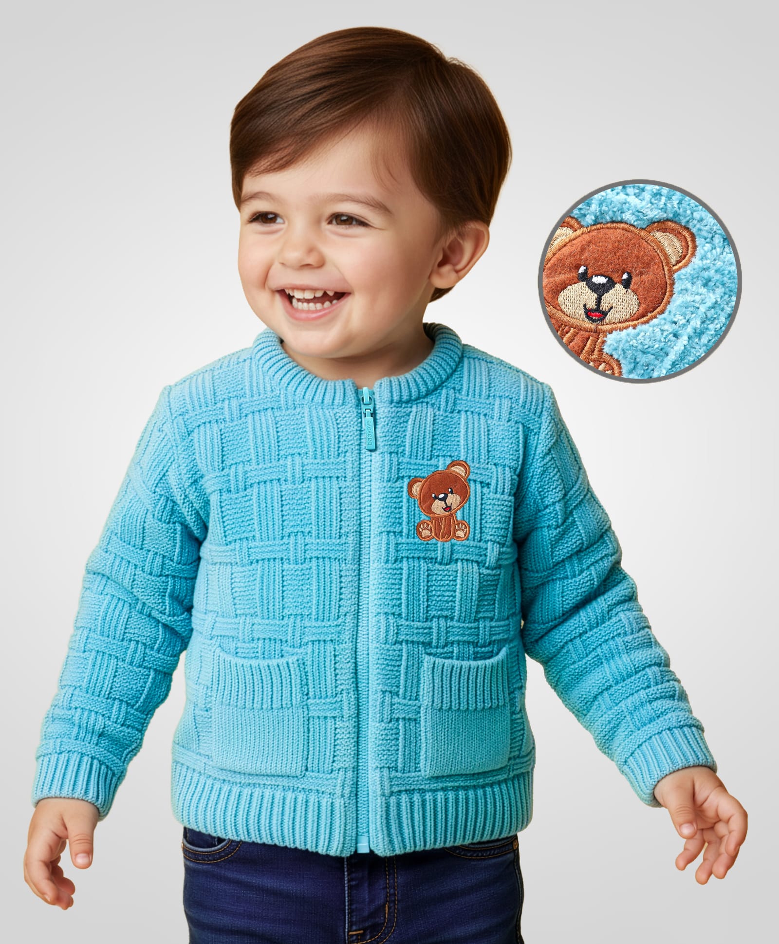 Babyoye Knit Full Sleeves Front Open Sweater with Bear Patch - Sky Blue-picture-17