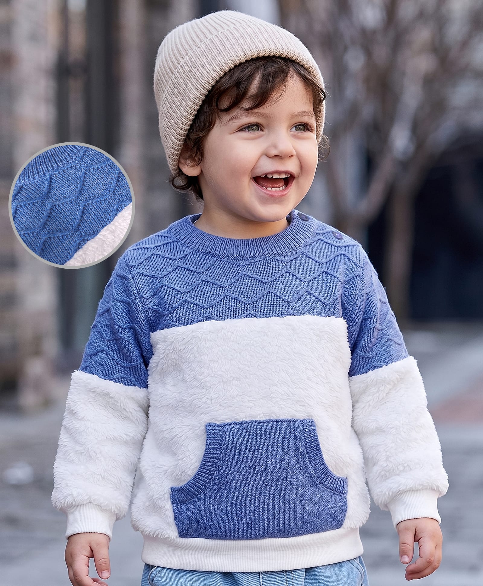 Babyoye Knit Full Sleeves Sweater with Kangaroo Pockets - Blue & White-image-38