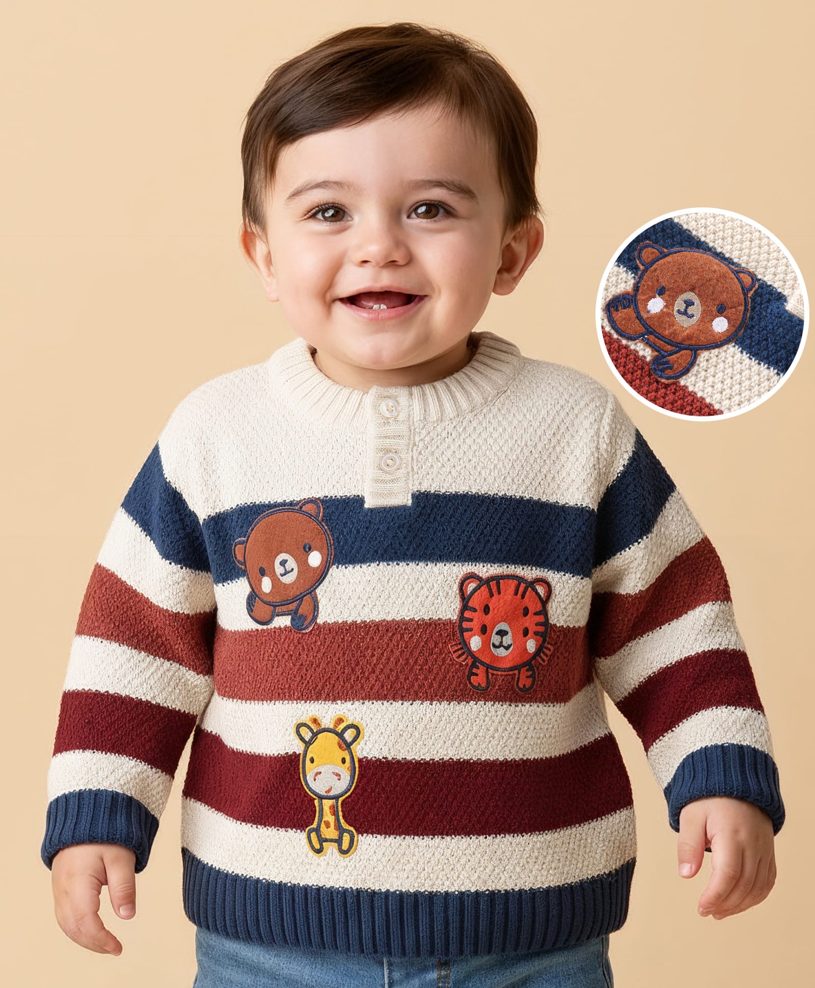 Babyoye Knit Full Sleeves Henlay Striped Sweater with Animals Patch - White Navy & Maroon-image-16
