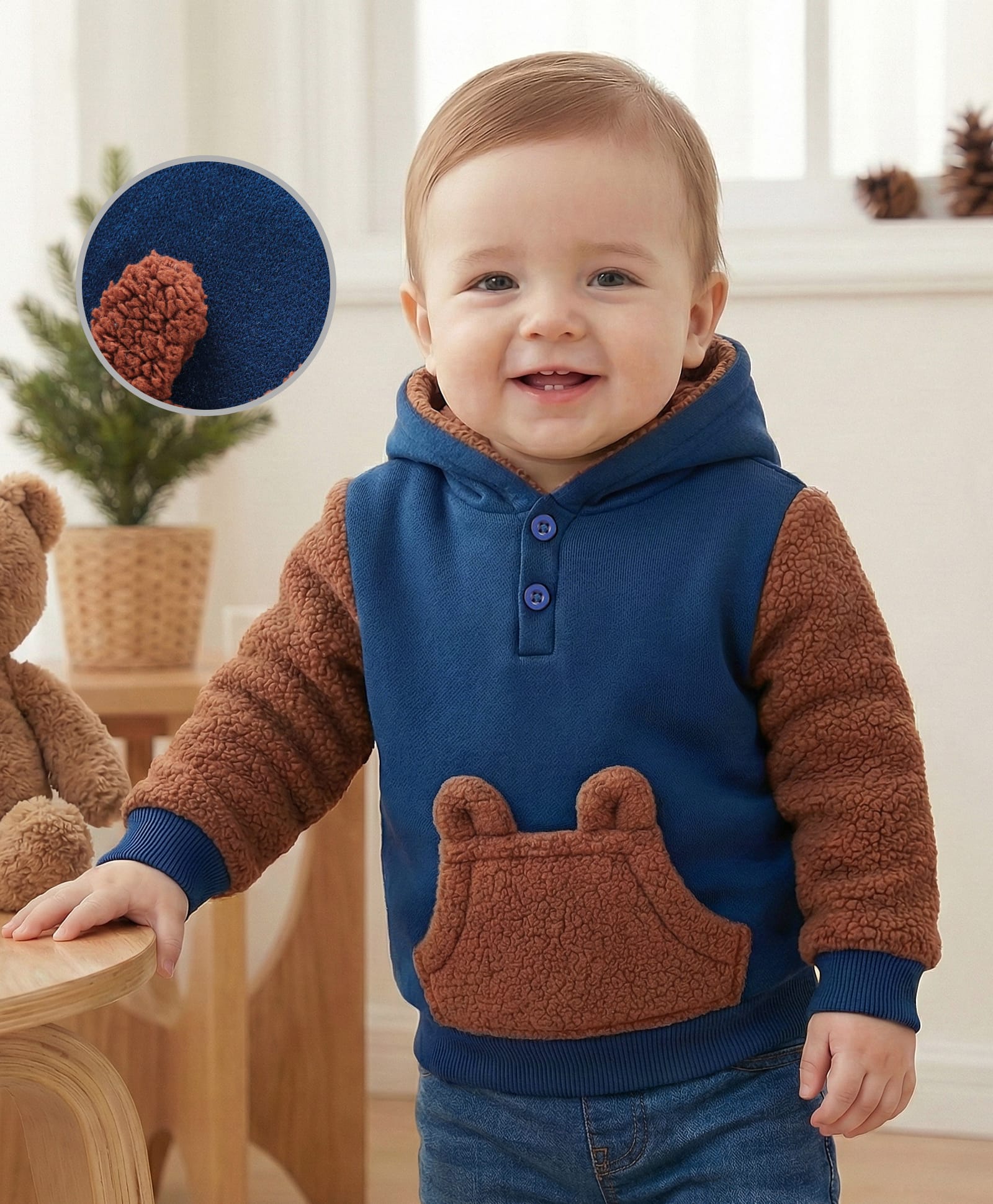 Babyoye Knited Solid Full Sleeves Hooded Pullover Sweater with Applique Solid Colour-Brown & Blue