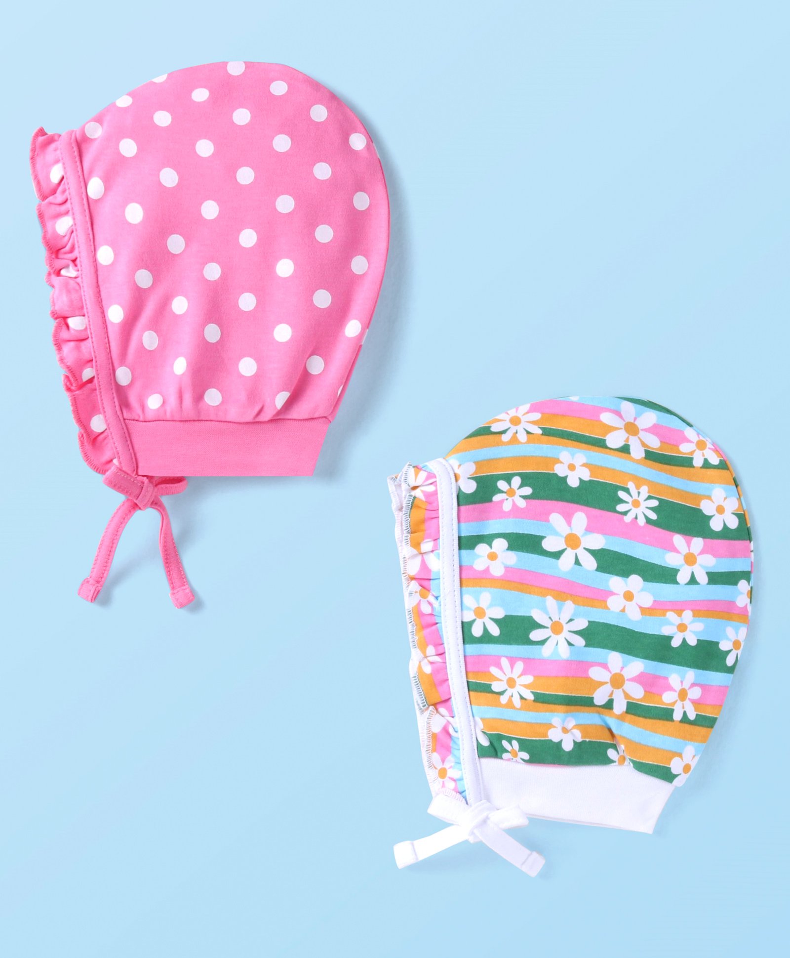Babyhug 100% Cotton Knit Polka Dot & Floral Printed Caps Pack of 2 - Pink & Green-picture-12