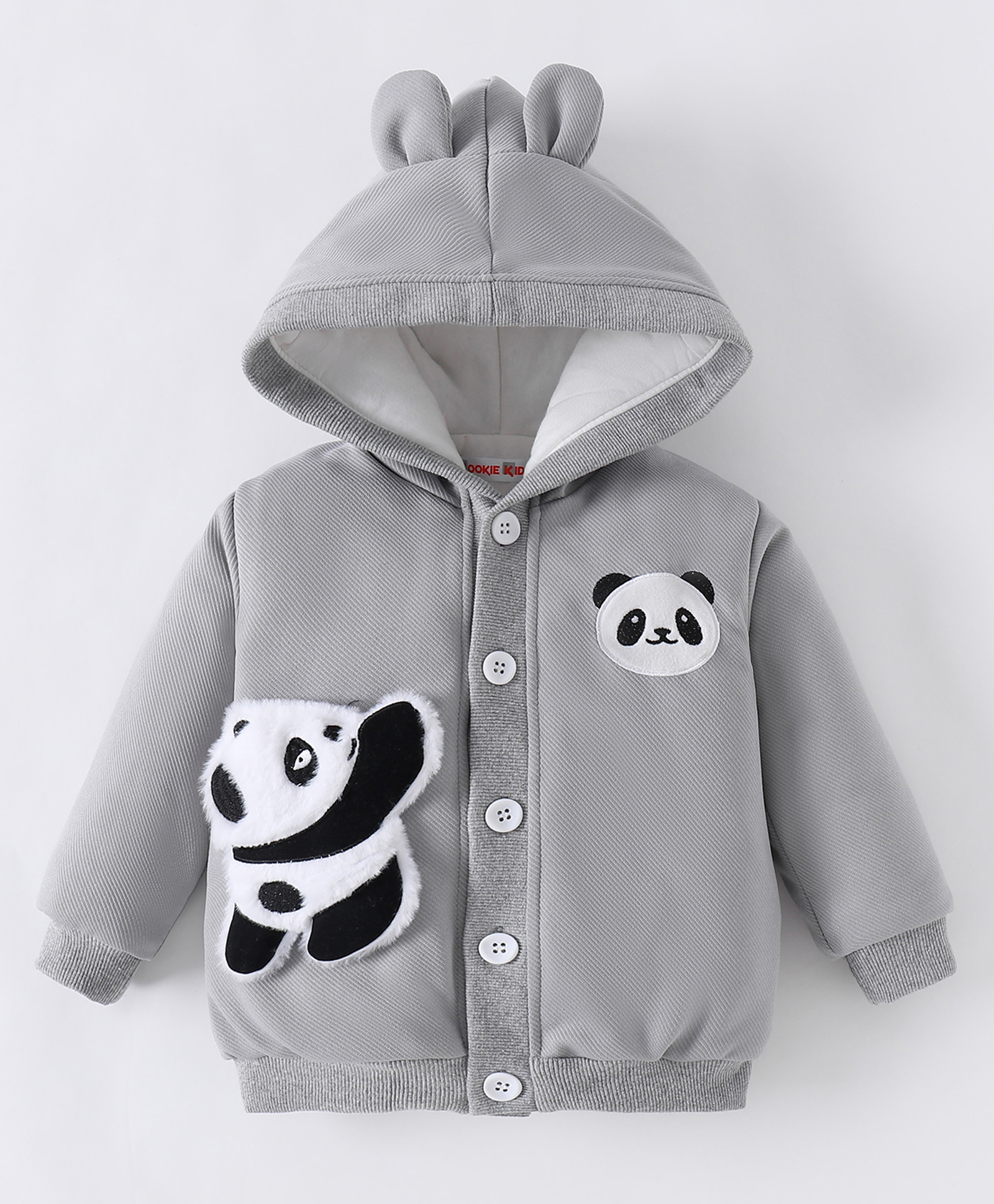 Kookie Kids Full Sleeves Hooded Sweatjacket With Panda Patch & 3D Applique - Light Grey-image-12