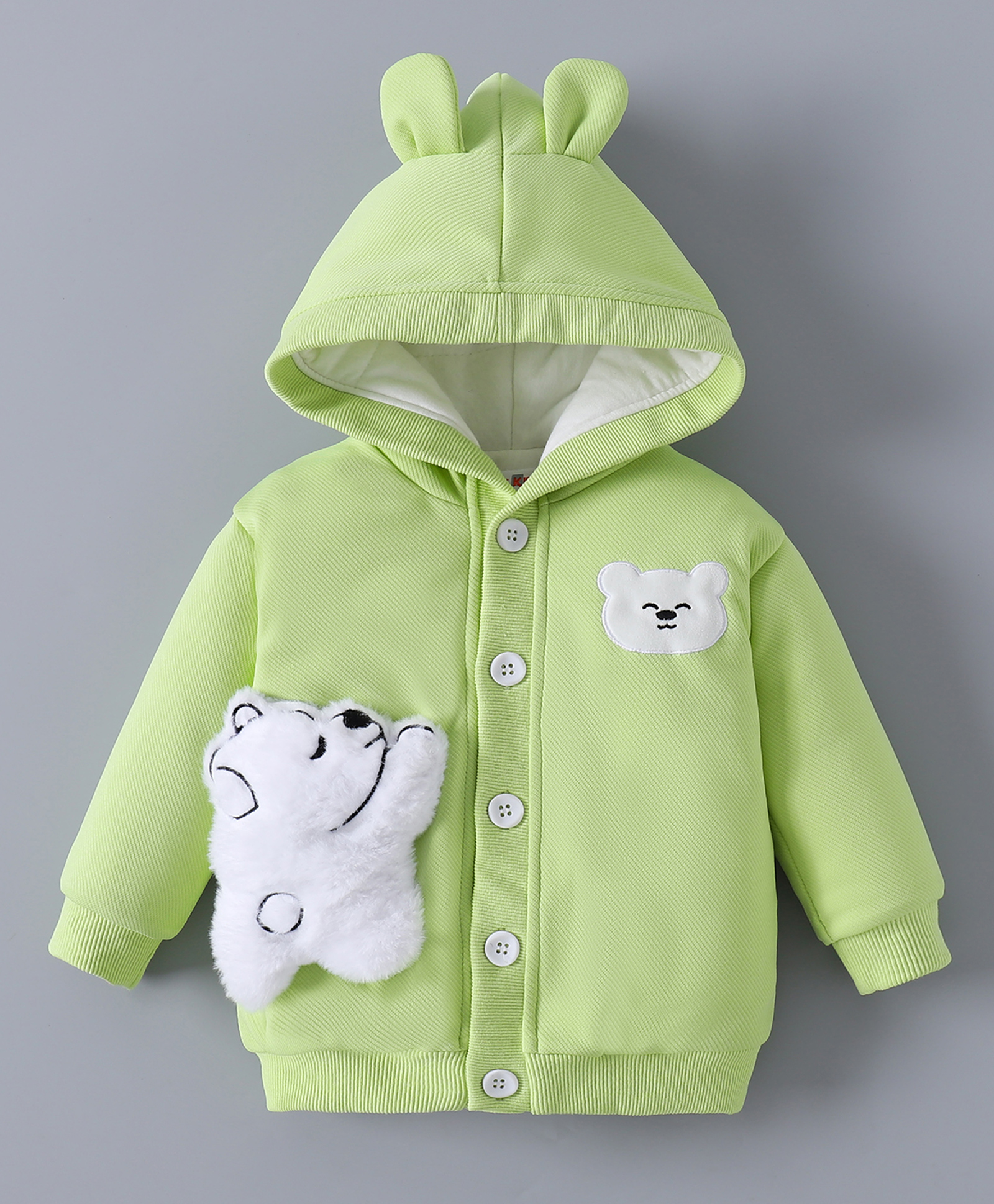 Kookie Kids Full Sleeves Hooded Sweatjacket With Bear Patch & 3D Applique - Light Green-image-7