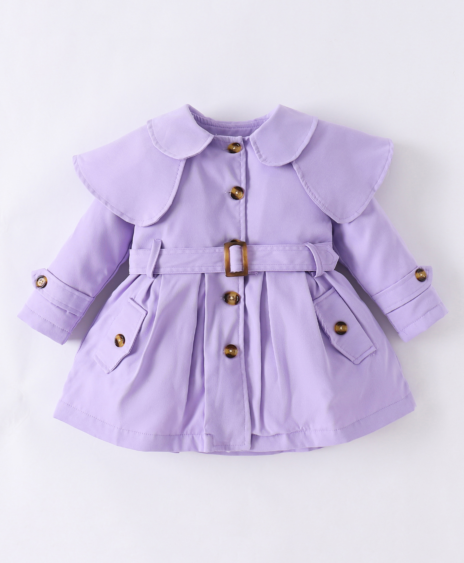 Kookie Kids Full Sleeves Front Open Collar Neck Trench Coat with Waist Belt - Lavender-image-5
