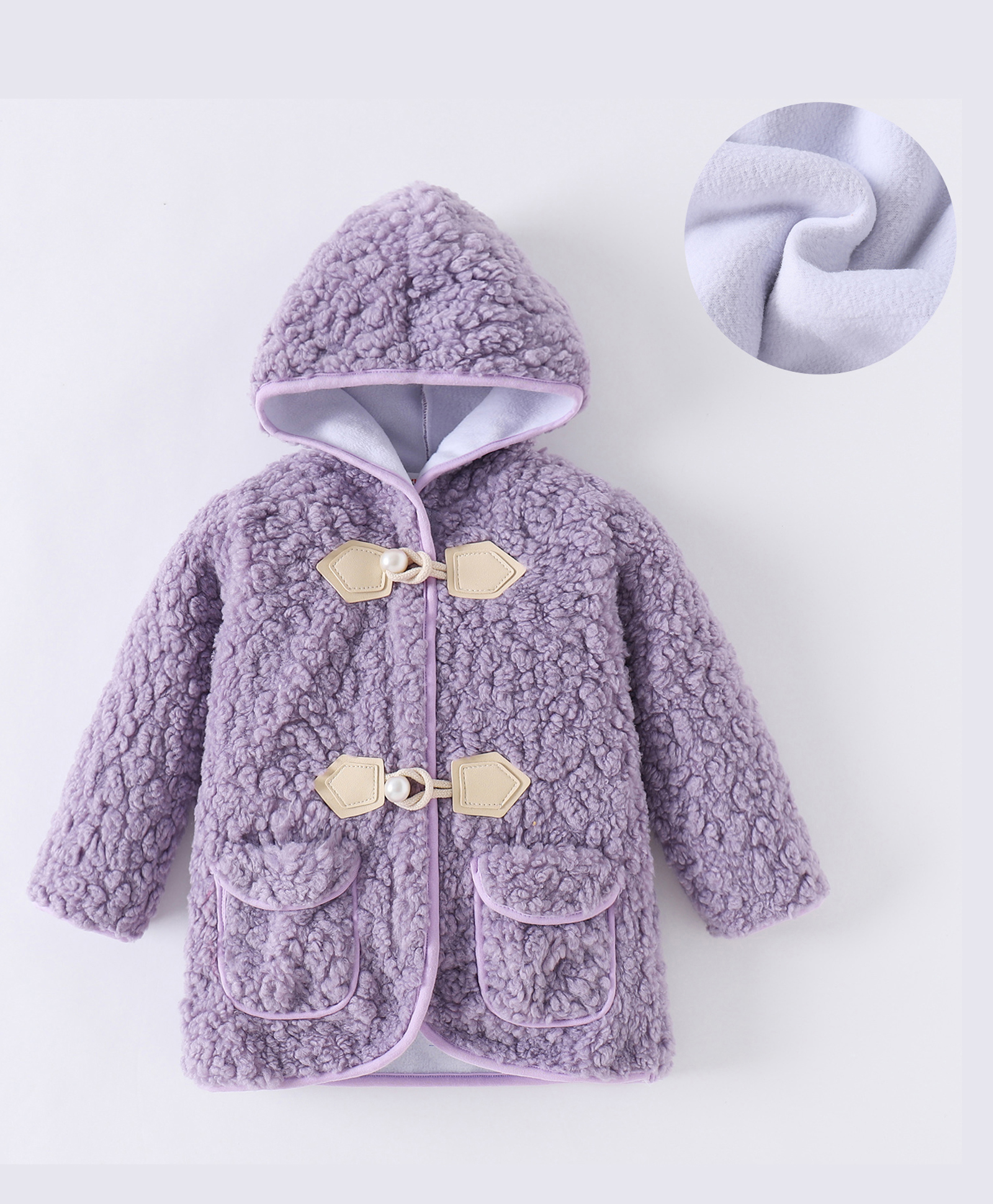 Kookie Kids Full Sleeves Hooded Winter Fur Jacket with Solid Colour & Beads Detailing - Lilac-image-19
