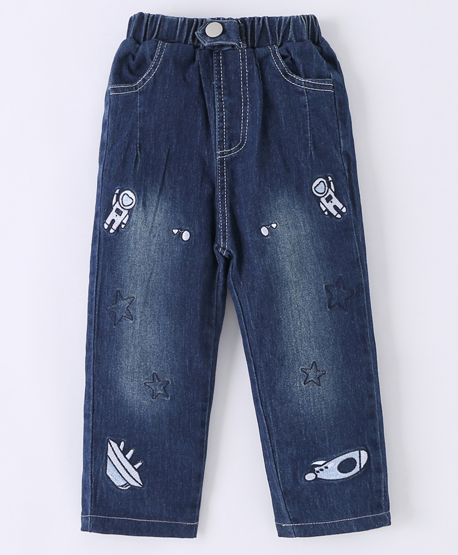 Kookie Kids Cotton Full Length Jeans With Space Embroidery - Navy Blue-picture-25