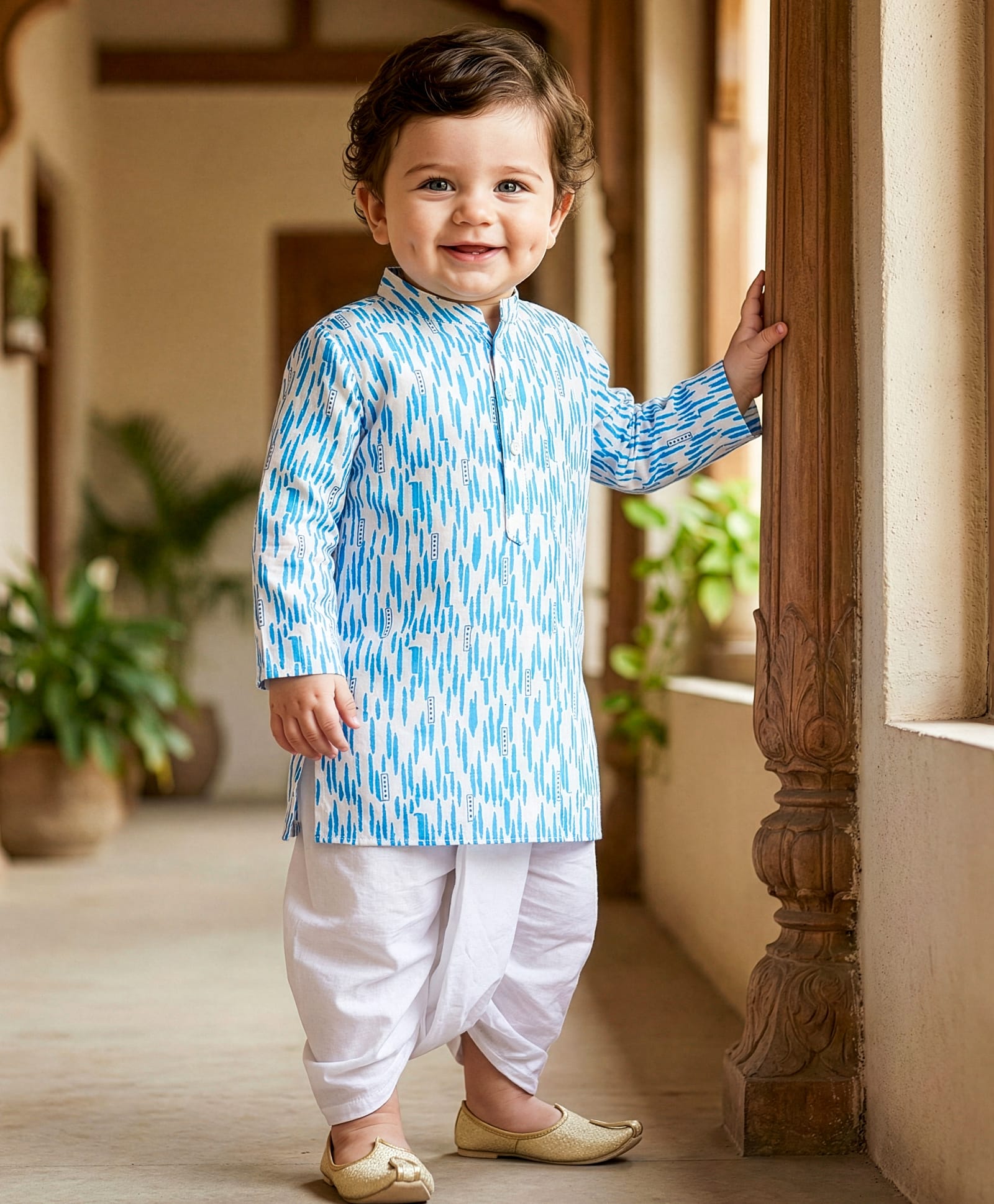 Babyoye Cotton Woven Full Sleeves Printed Kurta Dhoti Set - Light Blue-picture-38