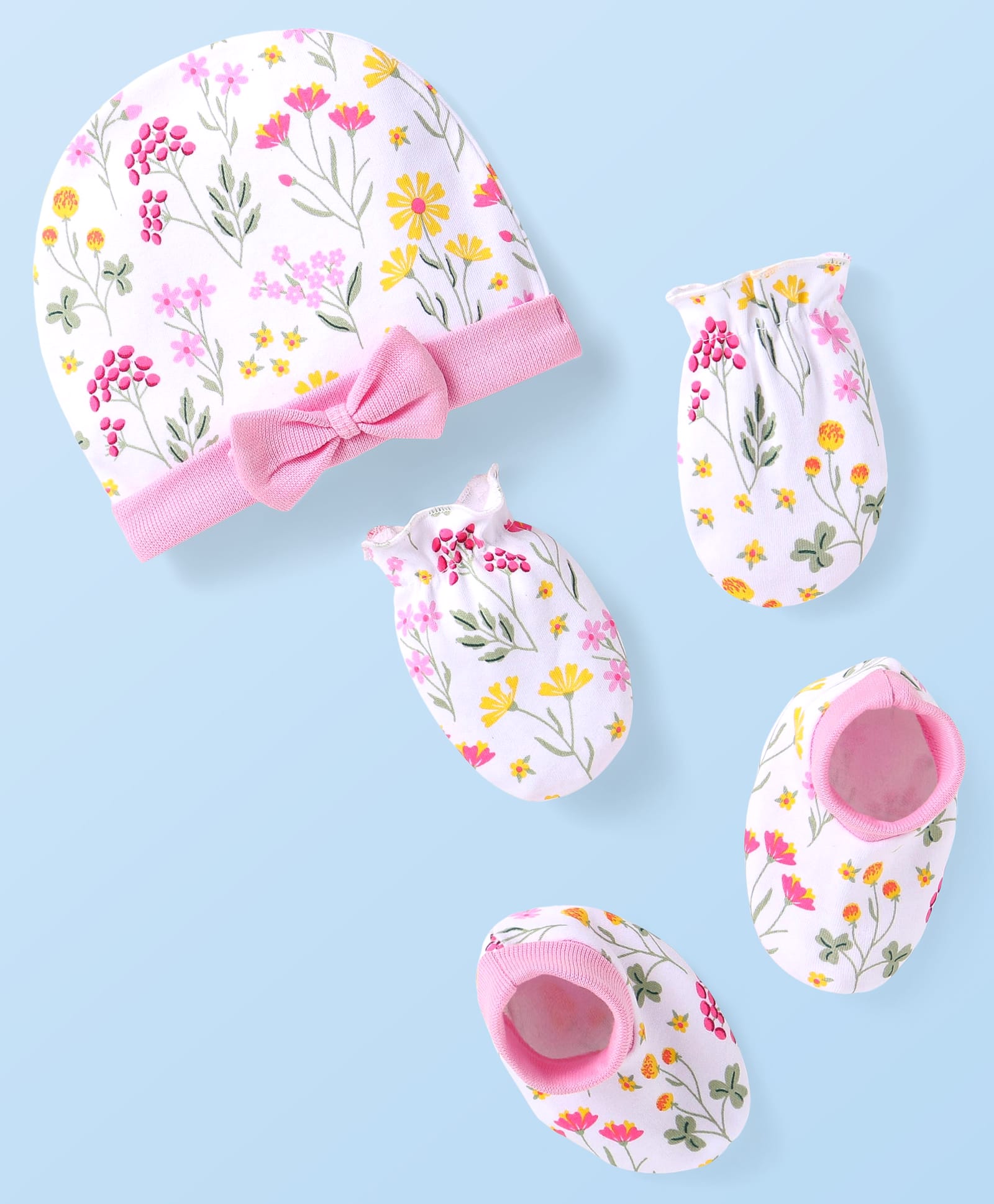 Babyhug 100% Cotton Cap Mittens & Booties With Bow Applique & Floral Design Pink - Diameter 10 cm-image-16